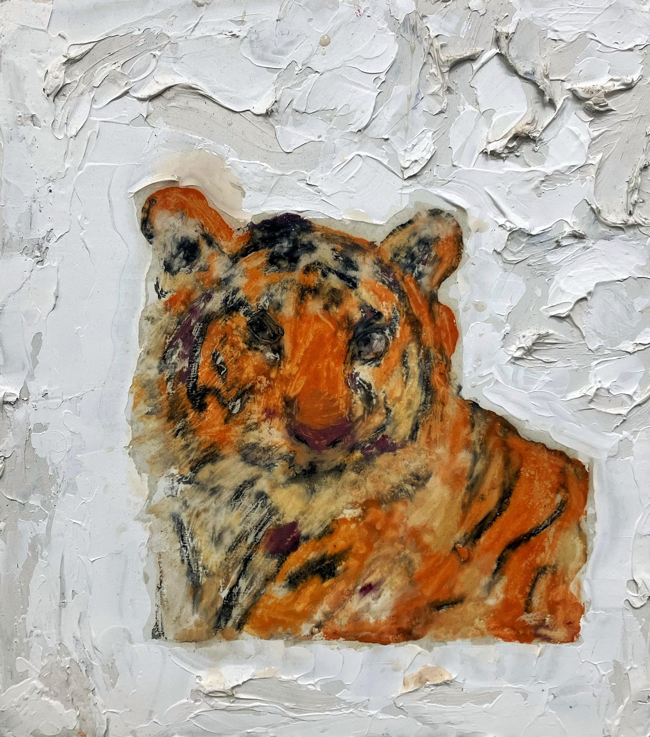 C. Dimitri Animal Painting - Tiger Face, textural animal, white, orange tones