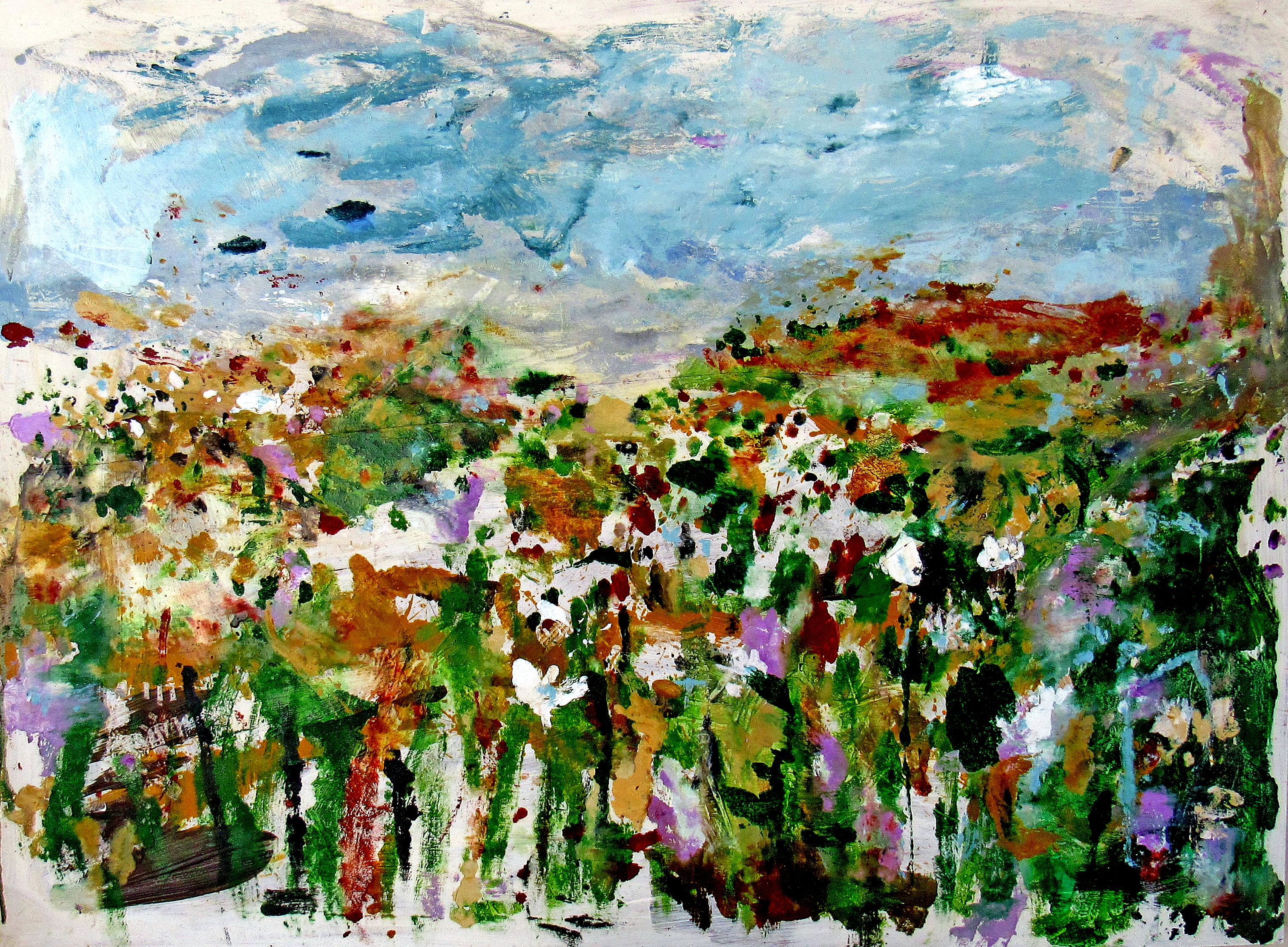Landscape Painting di C. Dimitri - Dodici fatiche eroiche, paesaggio astratto colorato e luminoso