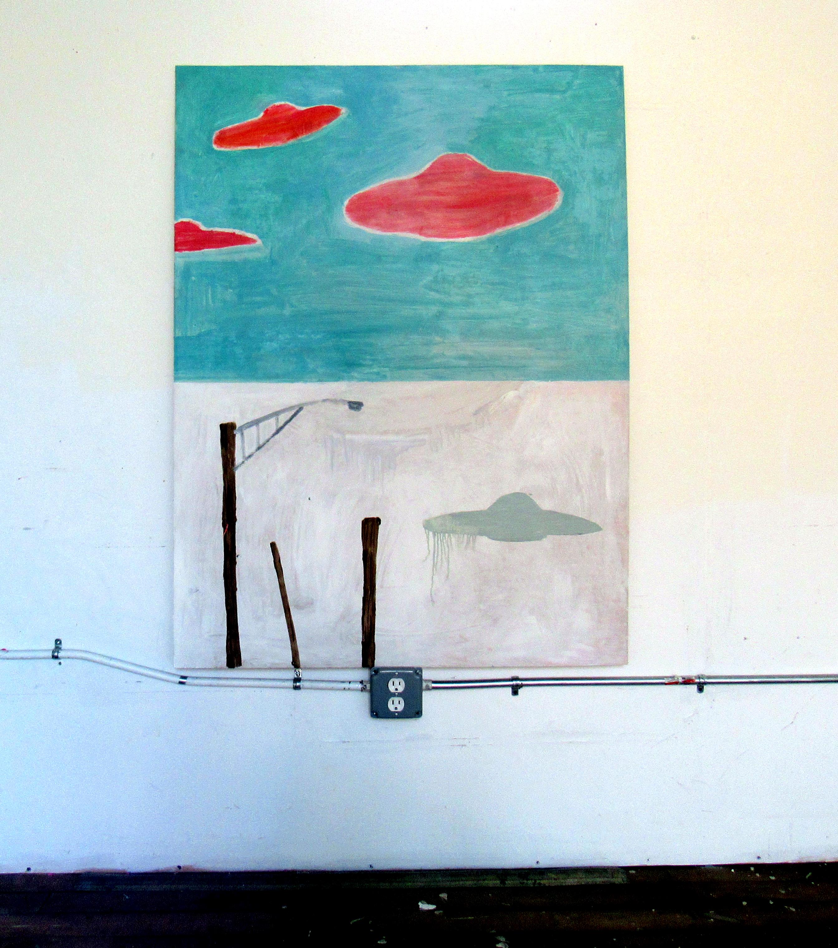 Landscape, colorful happy abstracted red flying saucers against turquoise sky - Painting by C. Dimitri