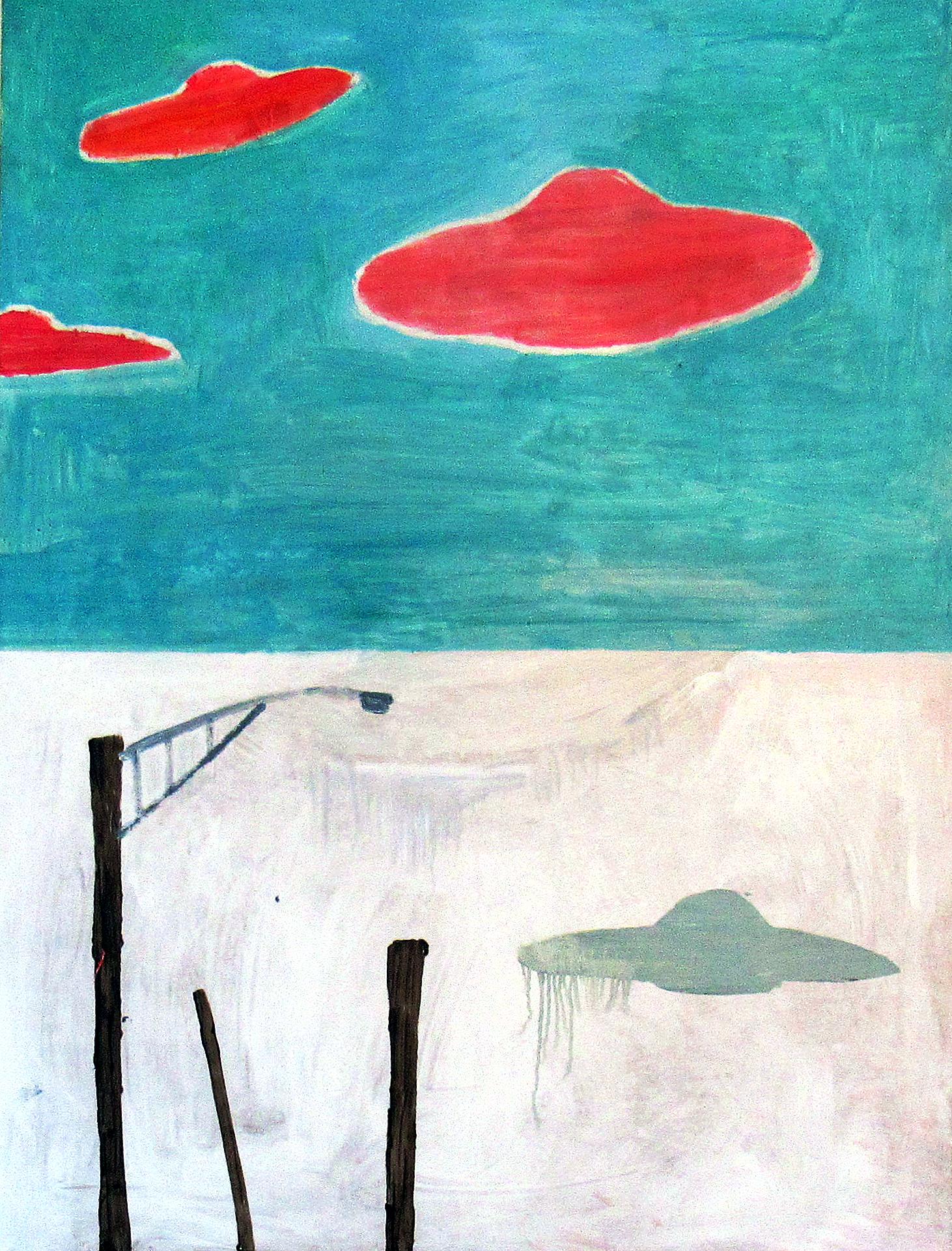 C. Dimitri Landscape Painting - Landscape, colorful happy abstracted red flying saucers against turquoise sky