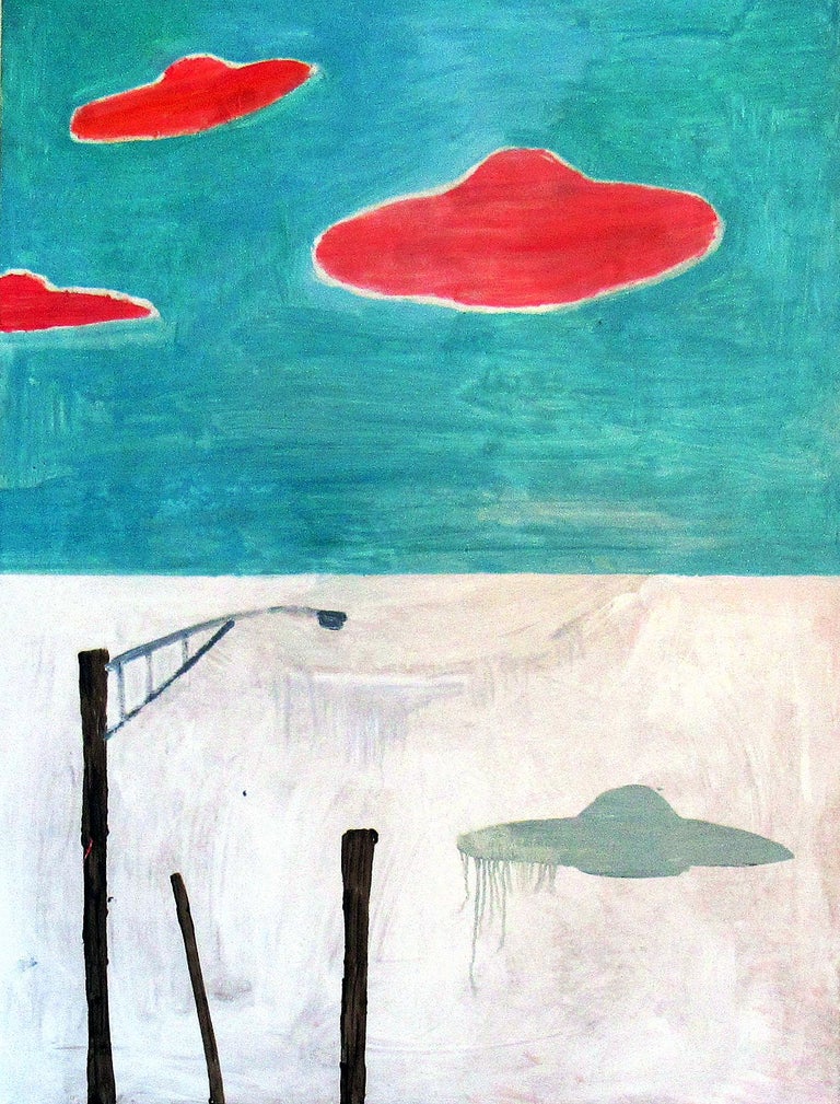 C. Dimitri - Landscape, colourful happy abstracted red flying saucers ...