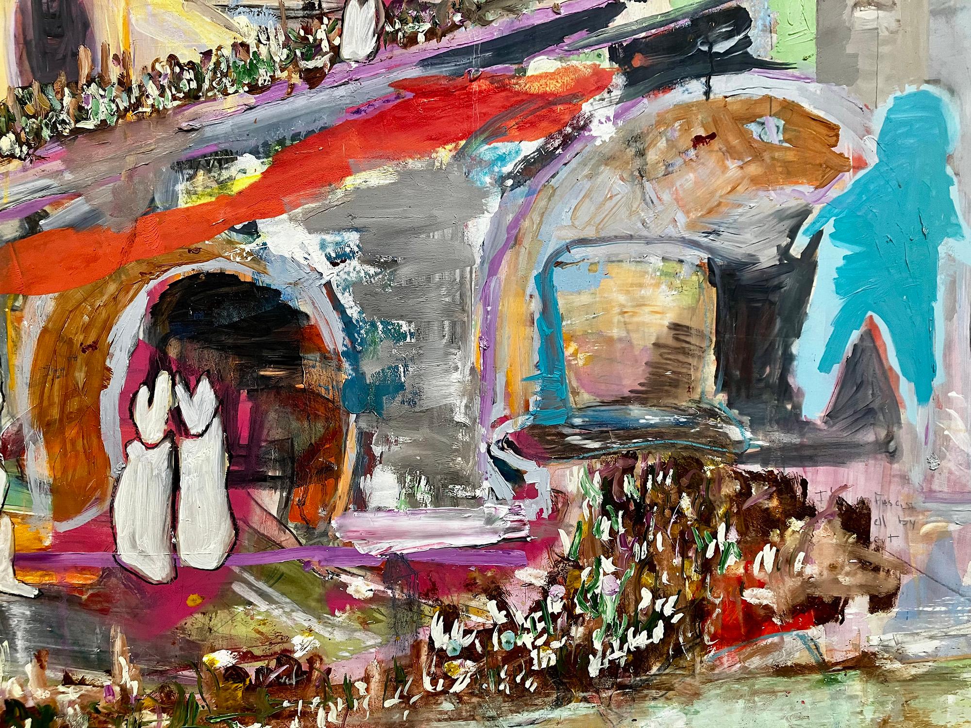 Where Souls Are Made, ponte colorato folla coniglietti espressionista astratto - Painting di C. Dimitri
