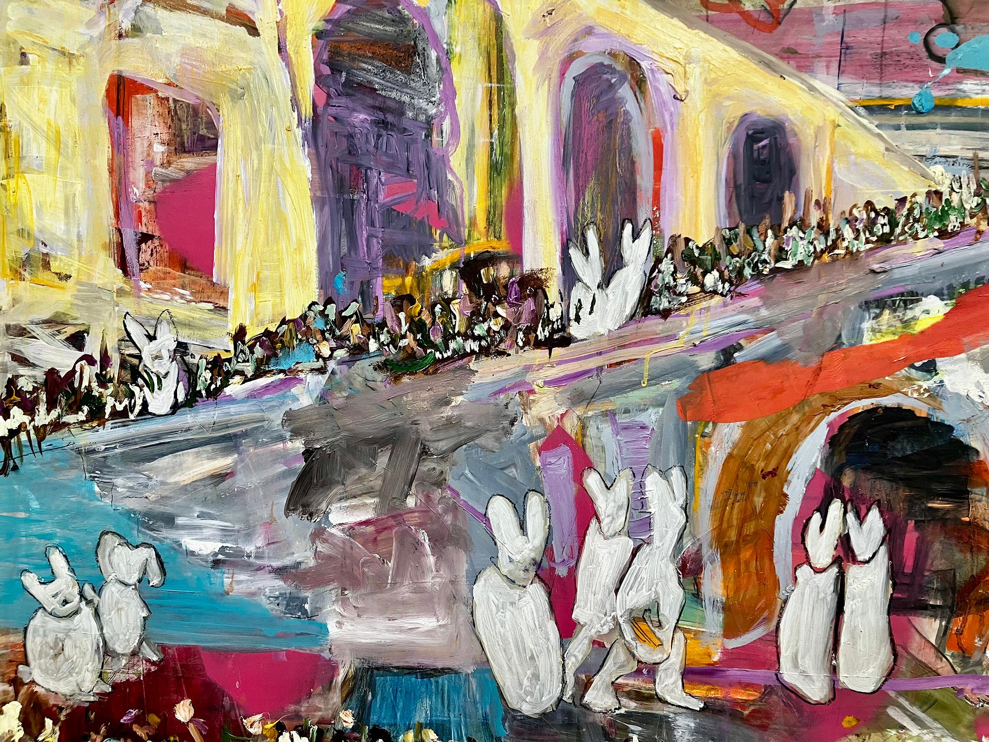 Where Souls Are Made, ponte colorato folla coniglietti espressionista astratto - Figurative Painting Marrone di C. Dimitri