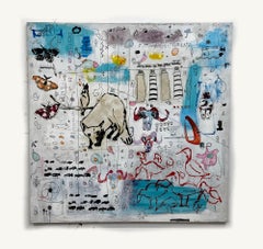 White Fox, abstract pictographic animals ducks butterflies white w blues, colors