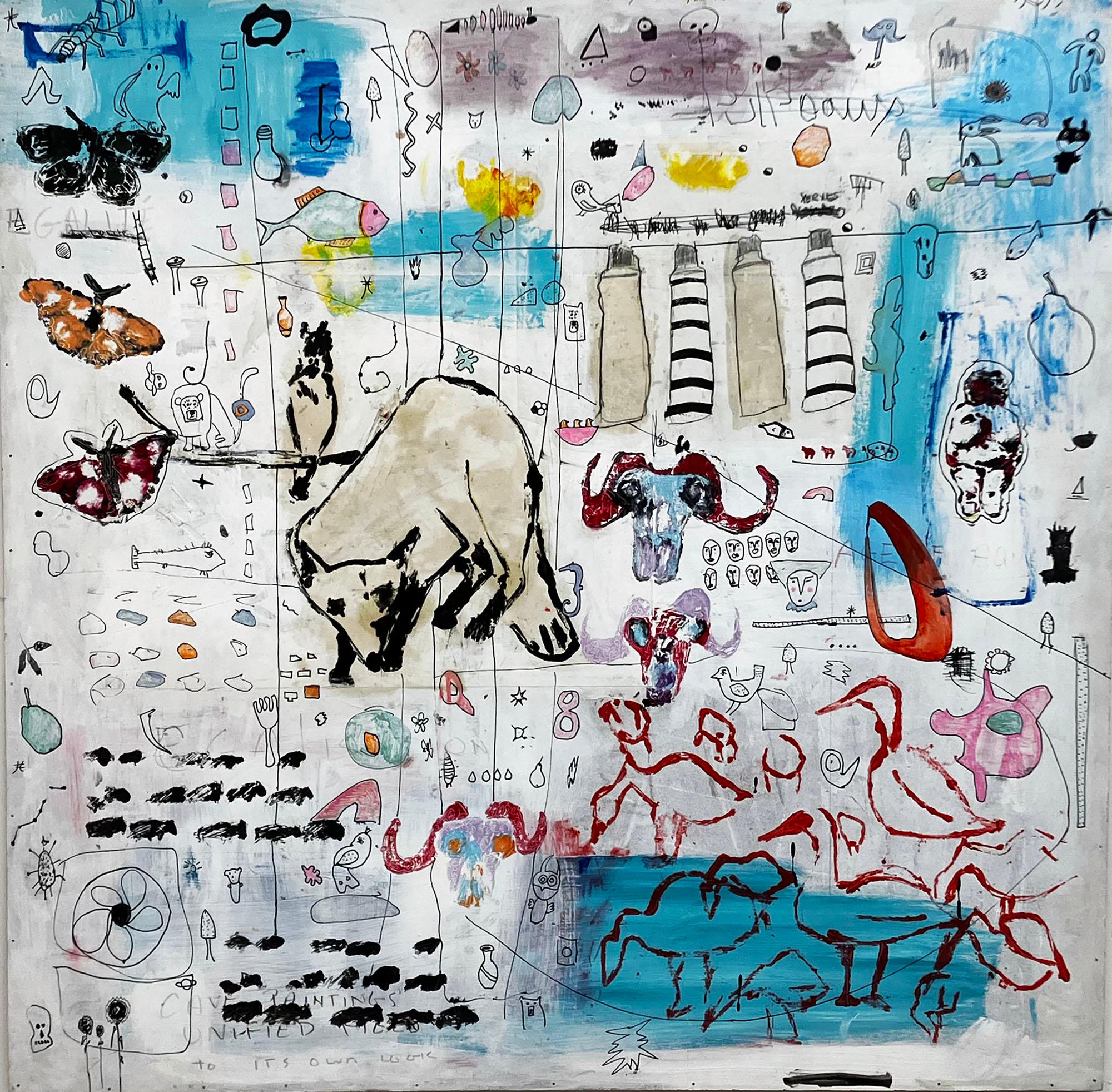 Renard blanc, abstrait pictographique animaux canards papillons blanc w bleus, couleurs