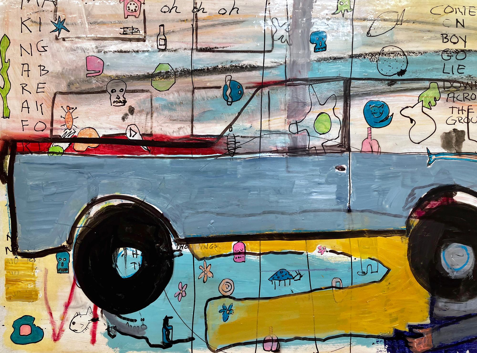 Woman Descending America or The Inconsiderate Neighbor - Gray Abstract Painting by C. Dimitri