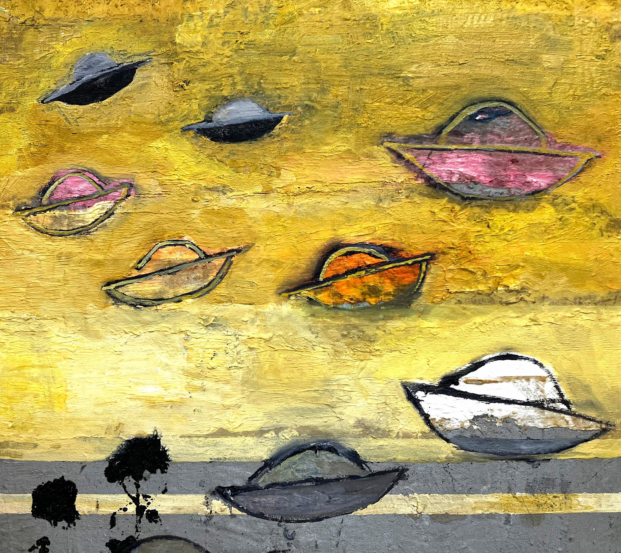 Madera Amarilla, fantasía de platillo volante, amarillos, infantil, OVNI - Painting de C. Dimitri
