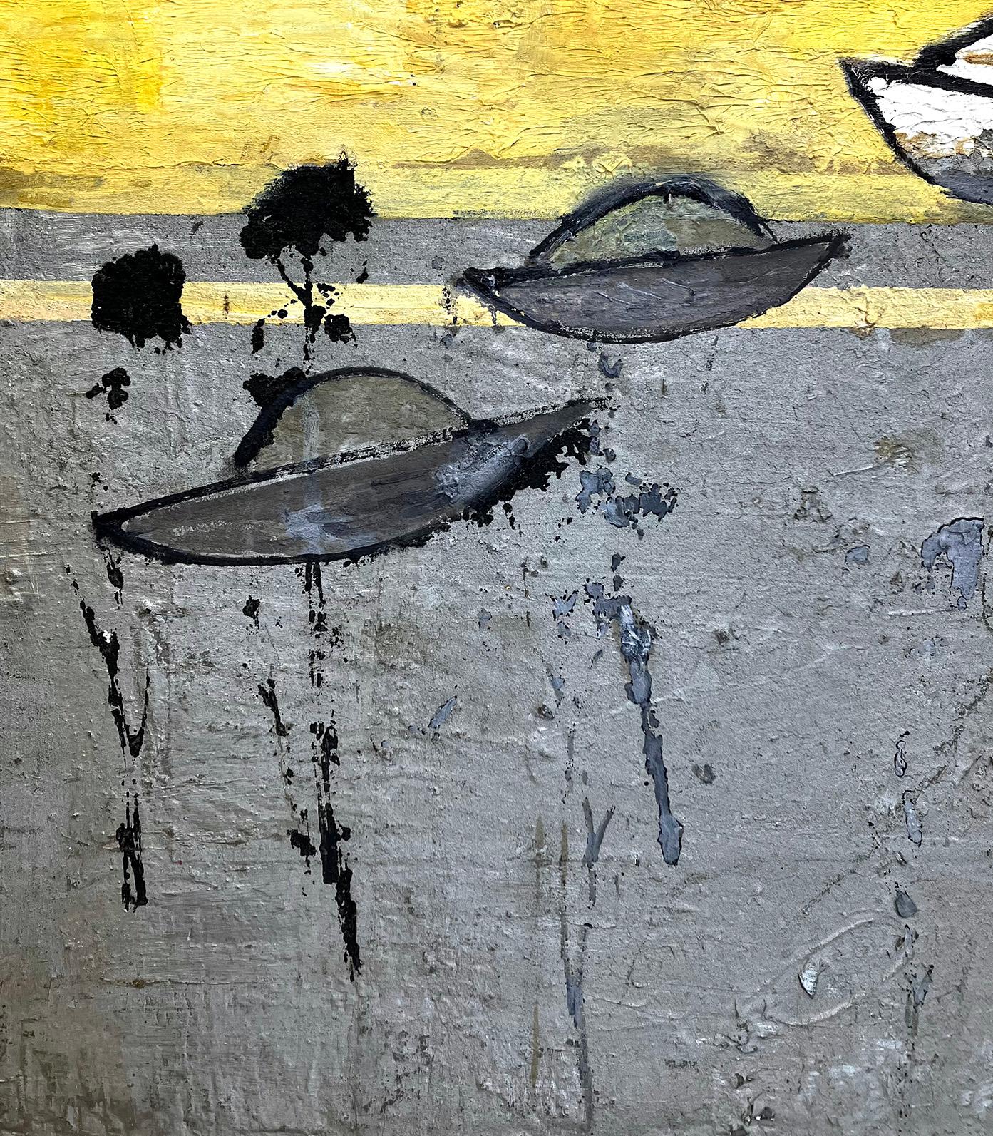 Madera Amarilla, fantasía de platillo volante, amarillos, infantil, OVNI - Painting Abstracto de C. Dimitri