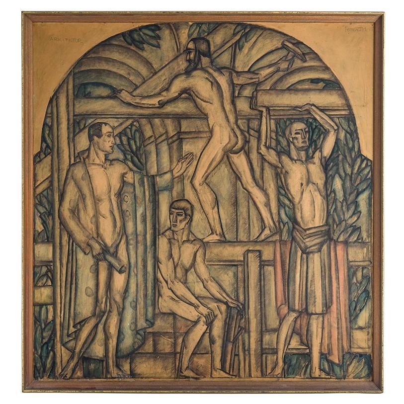 Carl Einar Forseth (1892-1988) "ARQUITECTO" pintura sobre tabla, Suecia 1915