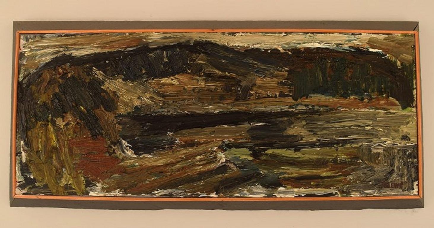 Carl-Einar Tellwe (1924-2003), listed Swedish artist. Oil on board. 
Modernist landscape. 1960s.
The board measures: 61 x 25 cm.
The frame measures: 2.5 cm.
In excellent condition.
Signed.