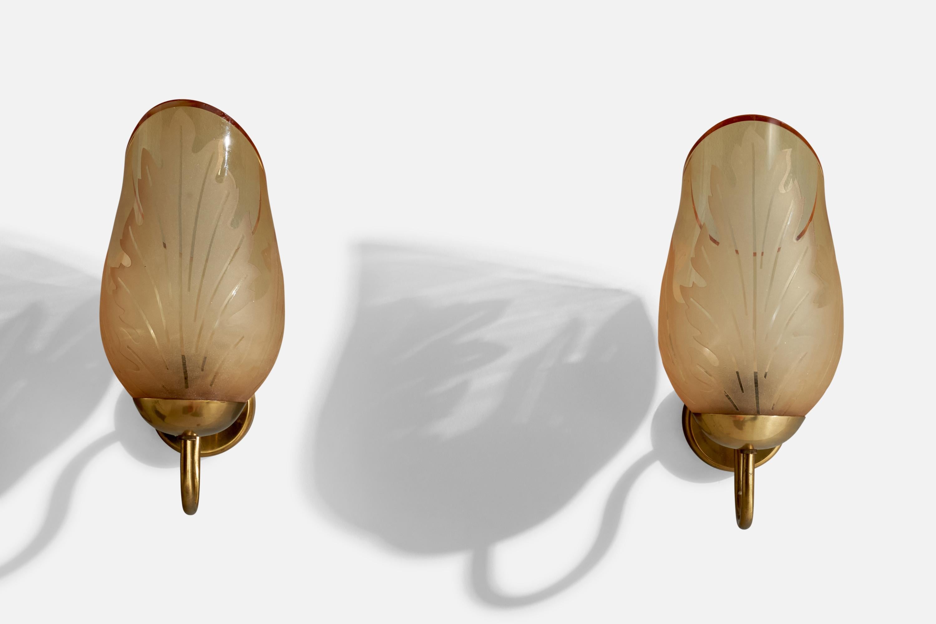 Scandinavian Modern Carl Erik Bodén, Wall Lights, Brass, Glass, Sweden, 1940s