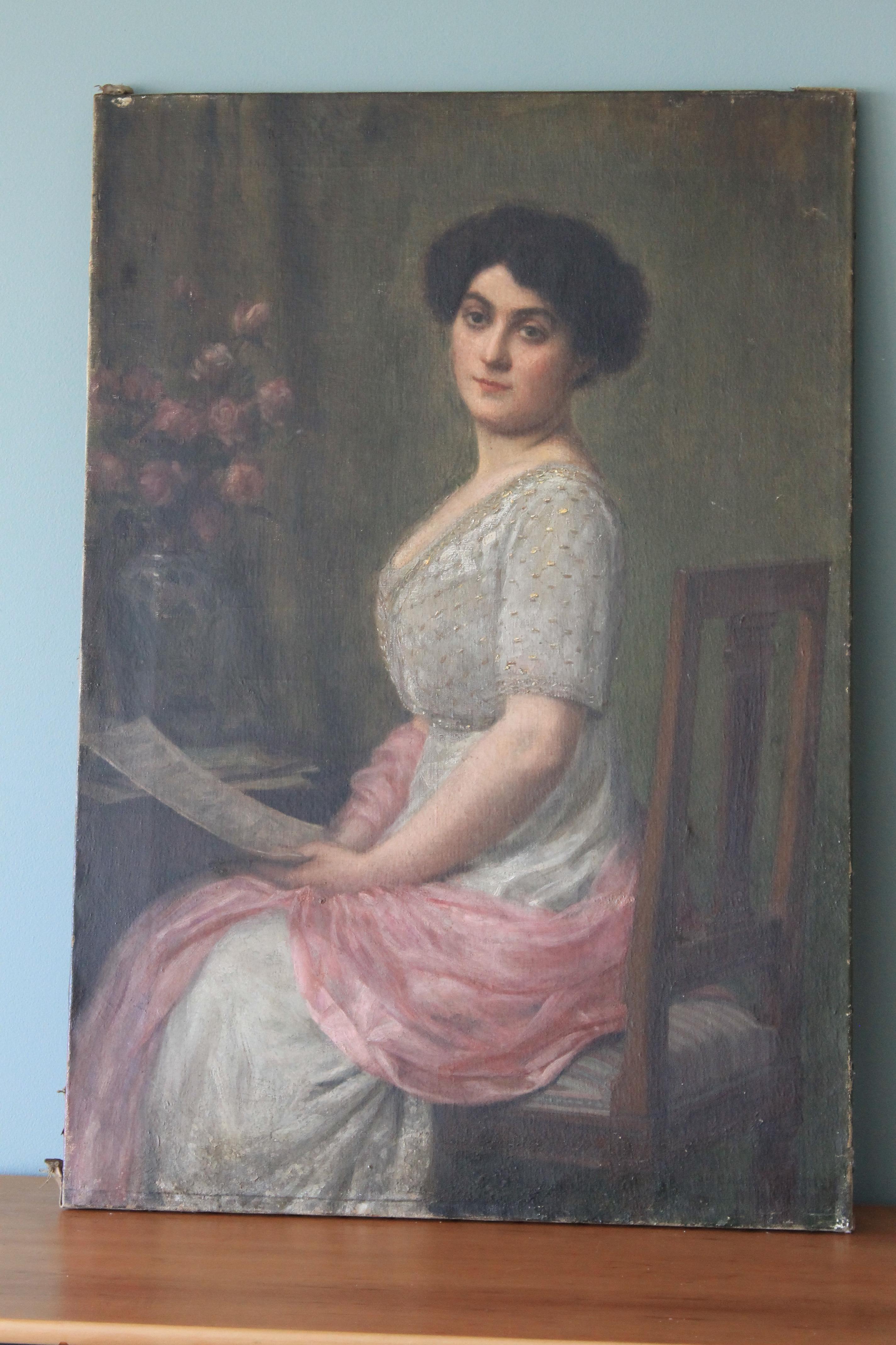 Antique portrait of a woman sitting by Carl Ernst Von Stetten For Sale 1