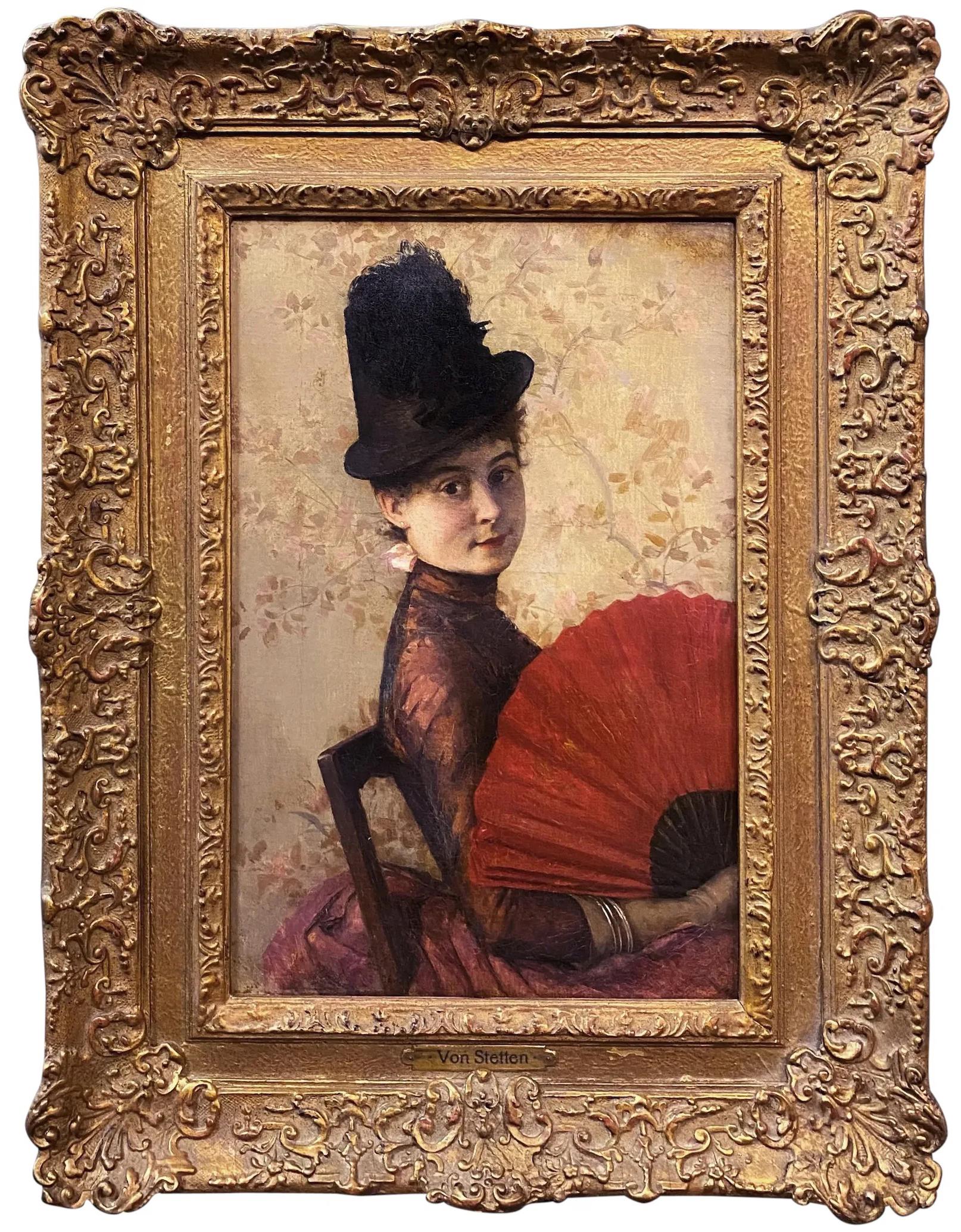 Carl Ernst Von Stetten Figurative Painting - Portrait of a Woman with a Fan