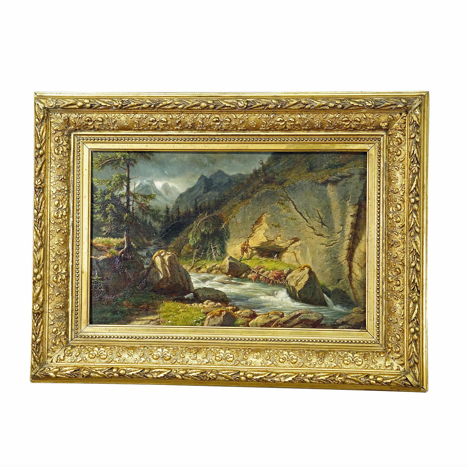 Carl Euler - Bear Hunt in the Zillerthaler Alps, Oil Painting on Wooden Board 1889

An impressive oil painting depicting a high mountain landscape with mountain stream in the area of Zillerthal, Tyrol. A hunter and his staghound lurking in front of