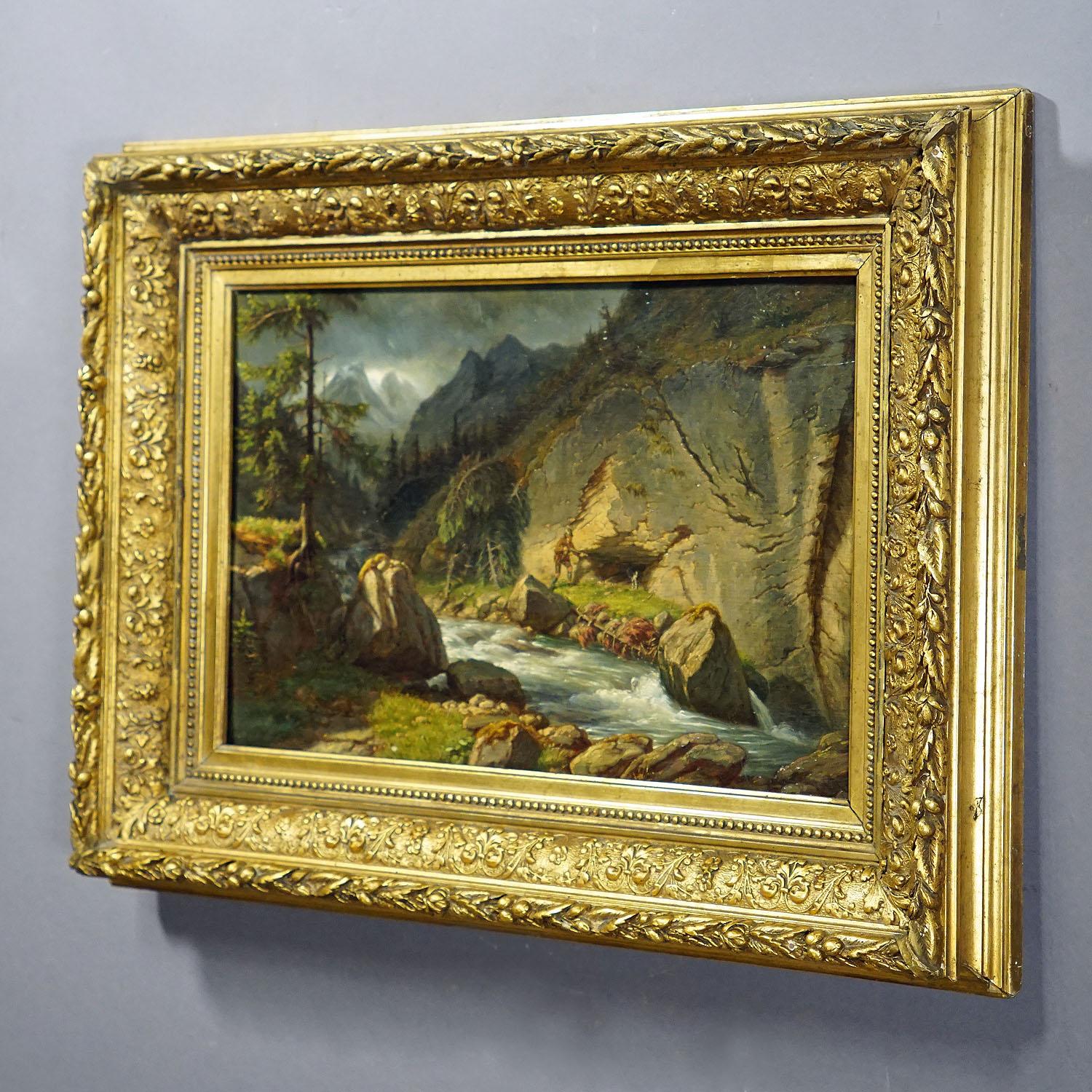 Early Victorian Carl Euler - Bear Hunt in the Zillerthaler Alps, Oil Painting on Board 1889 For Sale