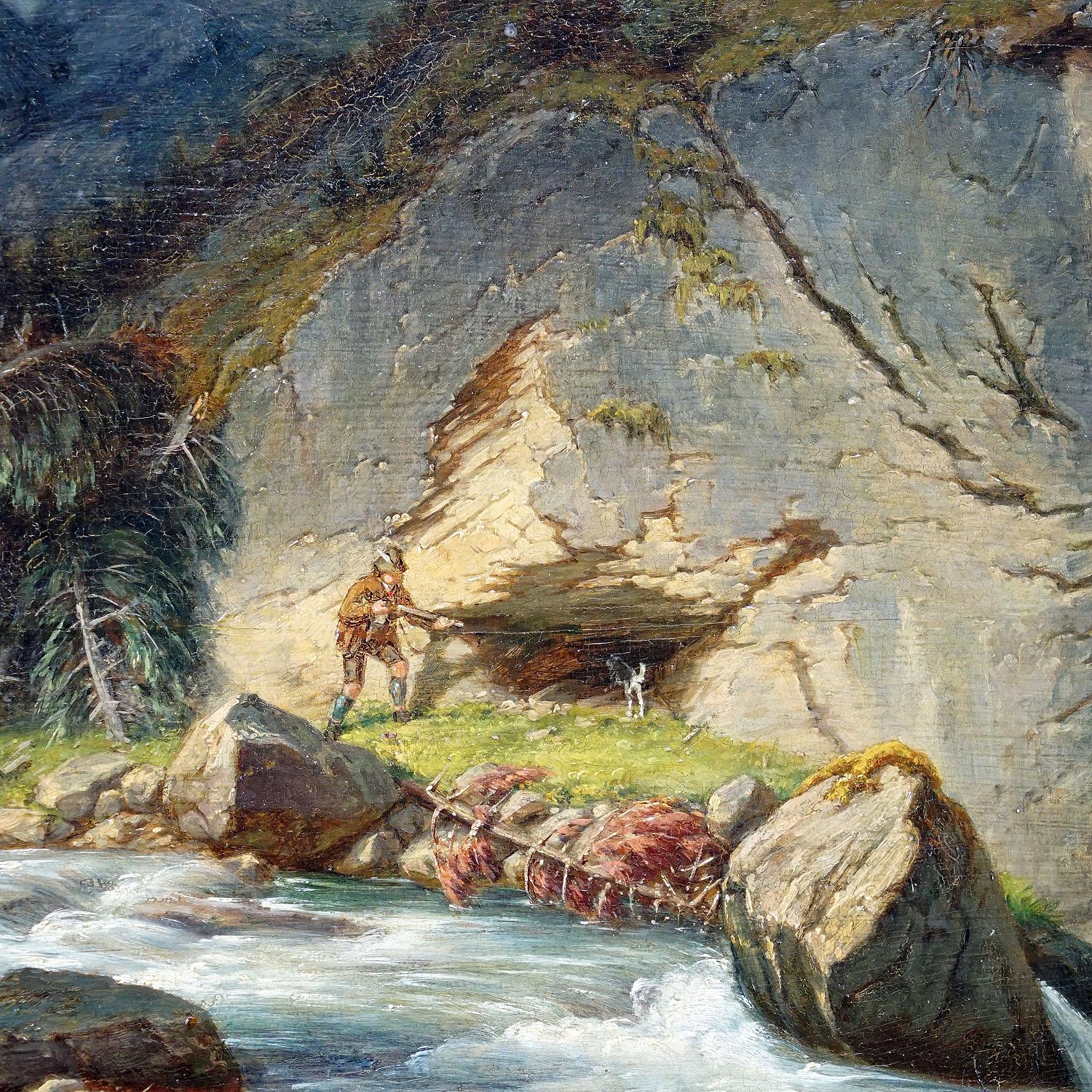 Painted Carl Euler - Bear Hunt in the Zillerthaler Alps, Oil Painting on Board 1889 For Sale