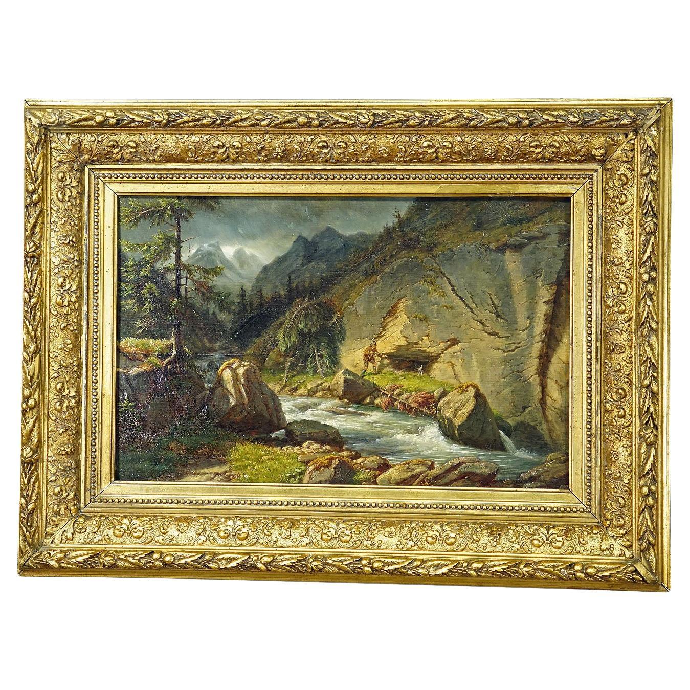 Carl Euler - Bärenjagd in den Zillerthaler Alpen, Ölgemälde auf Karton 1889 im Angebot