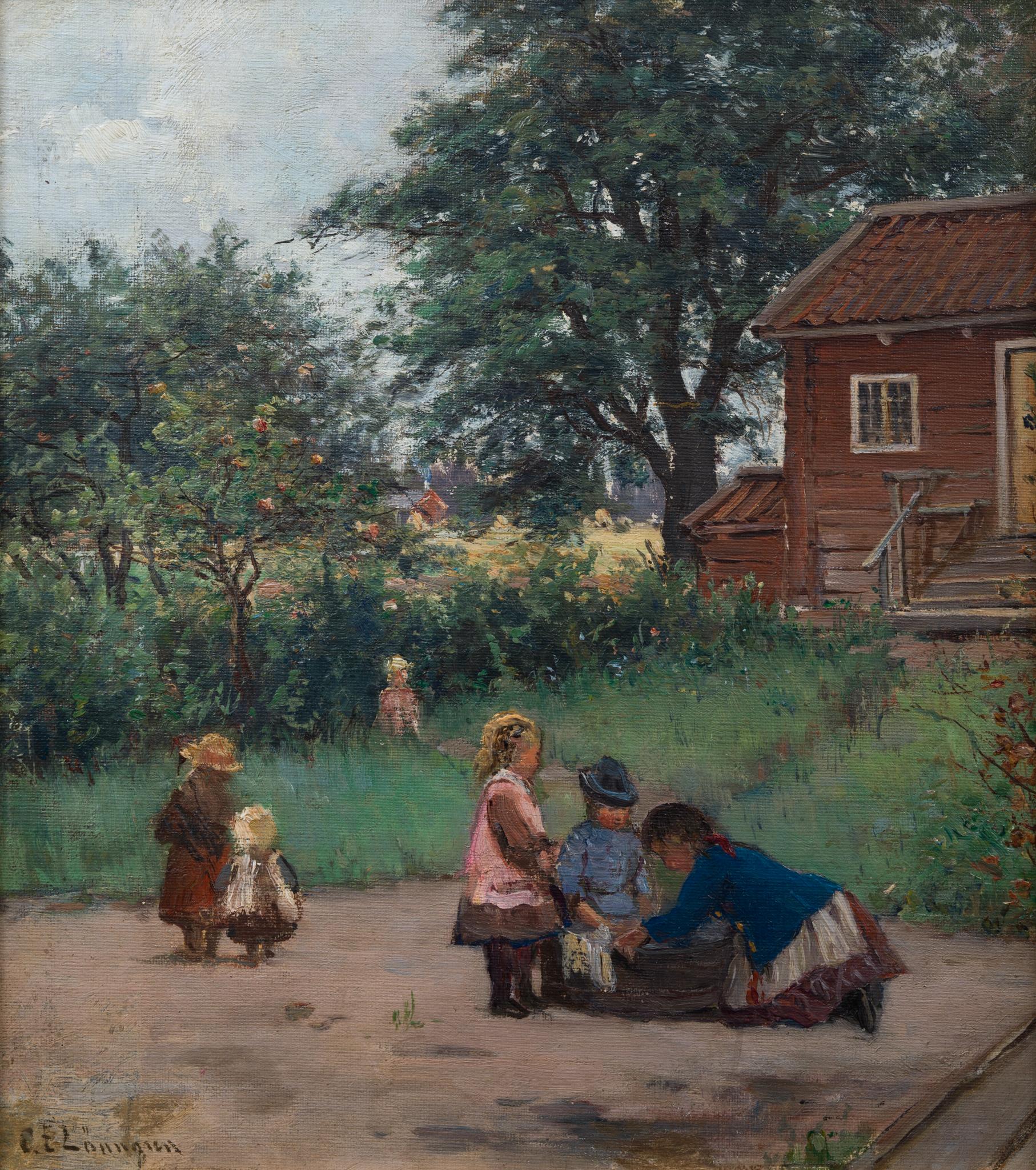 Madre che si lava con i bambini nelle vicinanze - Painting Realismo di Carl Ewald Lönngren
