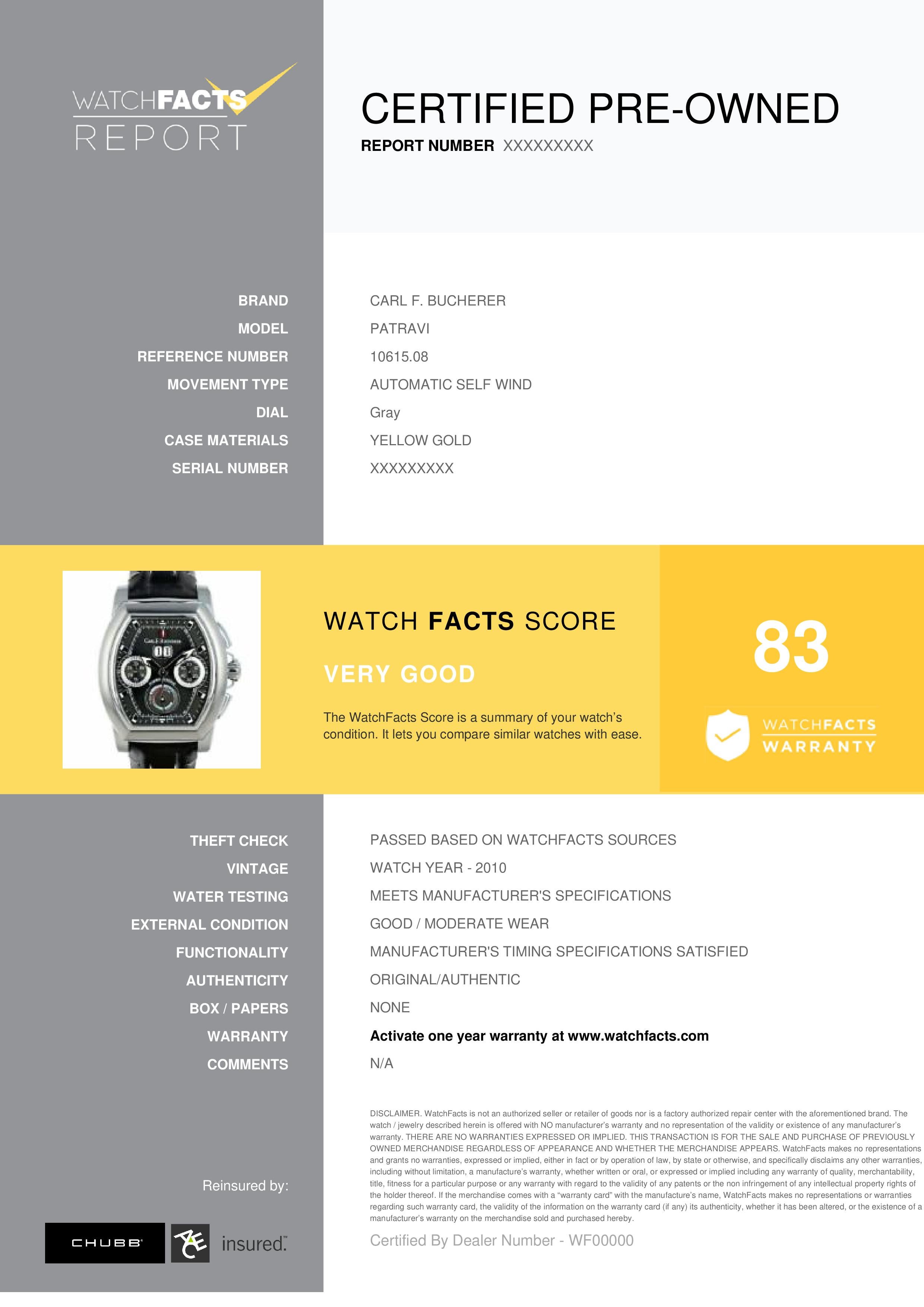 Carl F. Bucherer Patravi Reference #:10615.08. __MISSING__. Verified and Certified by WatchFacts. 1 year warranty offered by WatchFacts.
