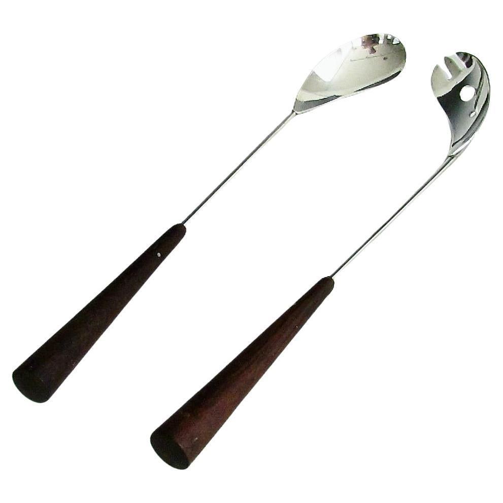 Carl F. Christiansen Rosewood with silver plate salad servers marked Denmark CC