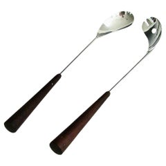 Carl F. Christiansen Rosewood with silver plate salad servers marked Denmark CC