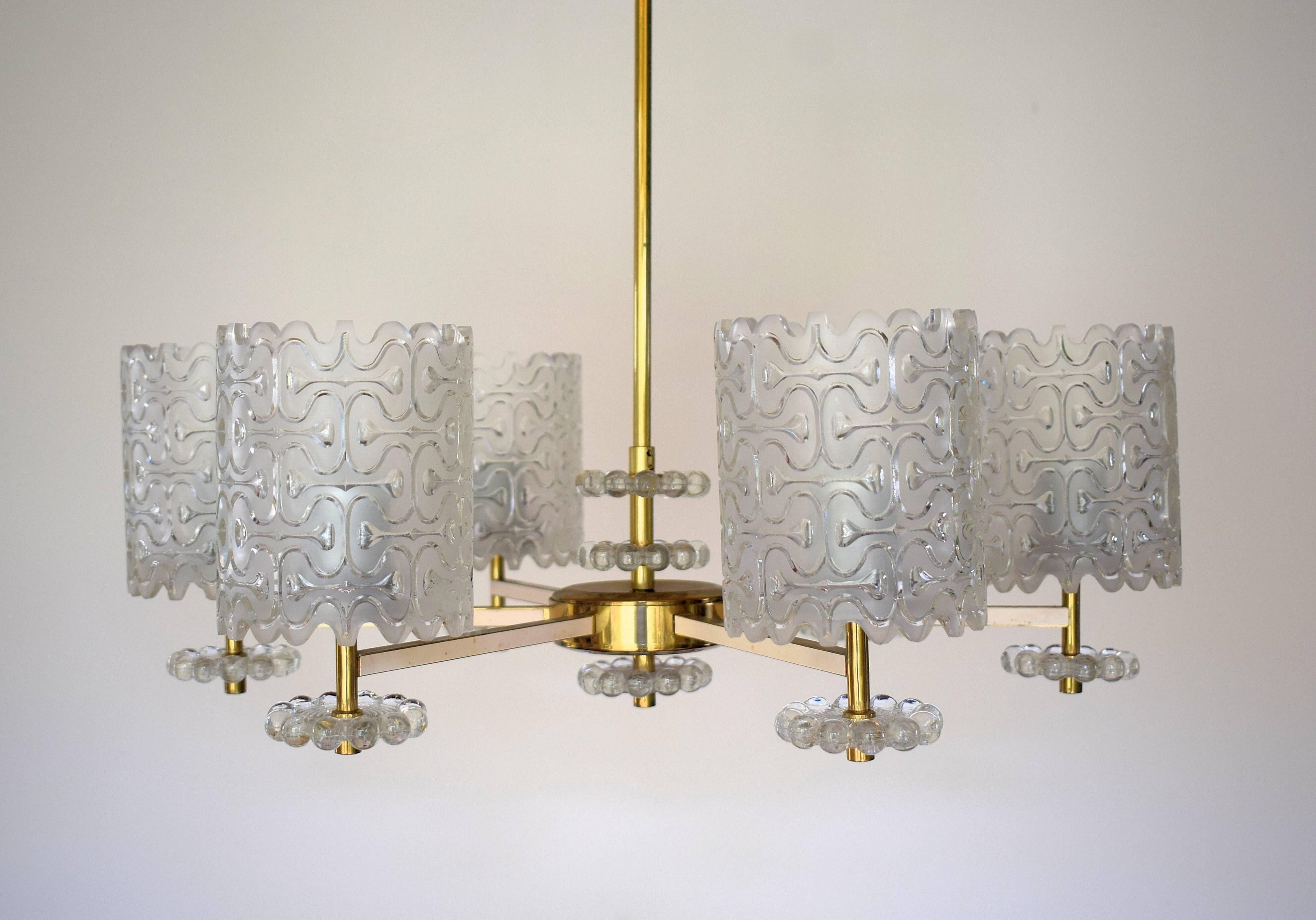 Mid-Century Modern Carl Fagerlund Attributed Hanging Brass and Glass Chandelier for Orrefors For Sale