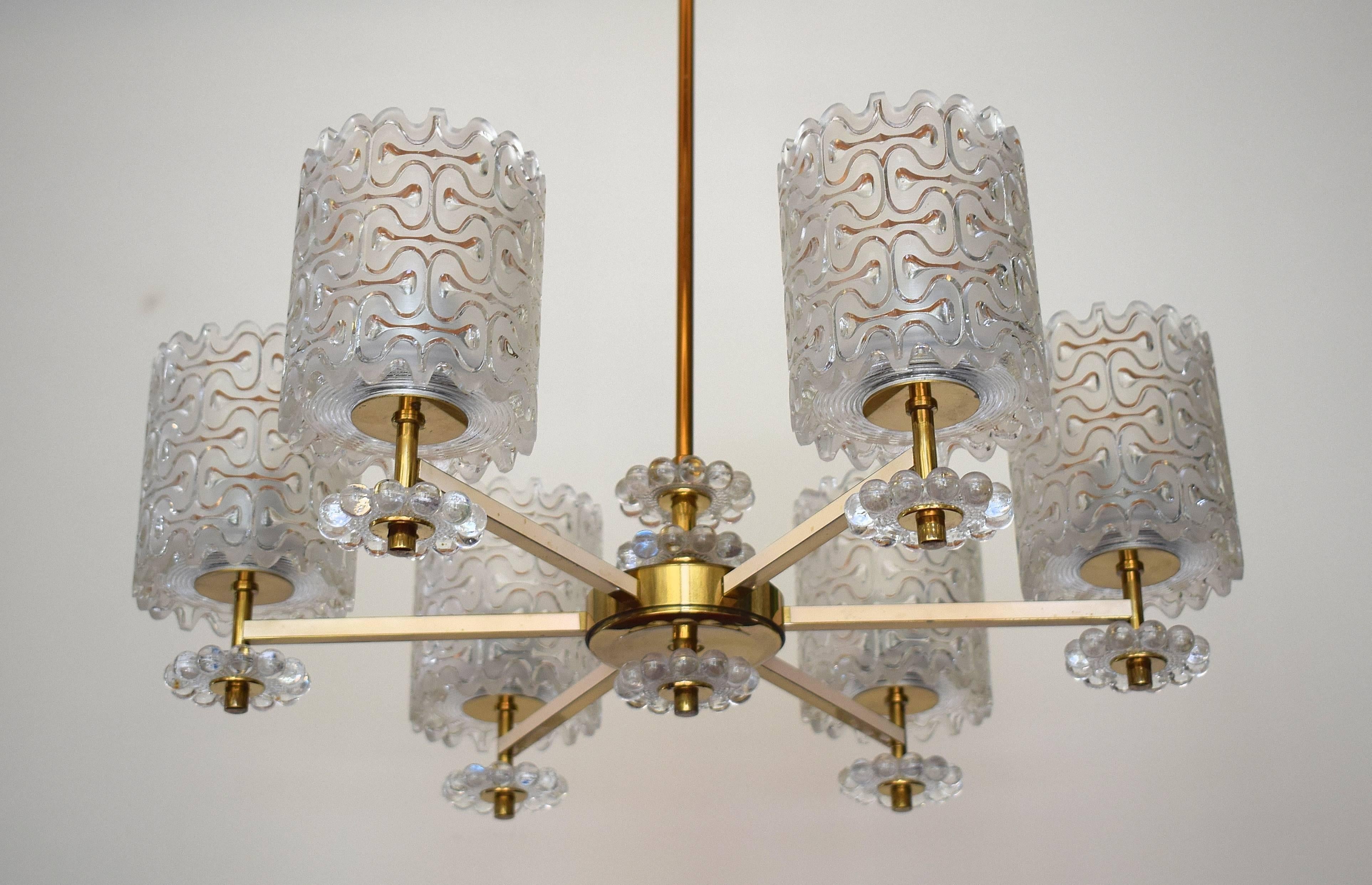 Frosted Carl Fagerlund Attributed Hanging Brass and Glass Chandelier for Orrefors For Sale