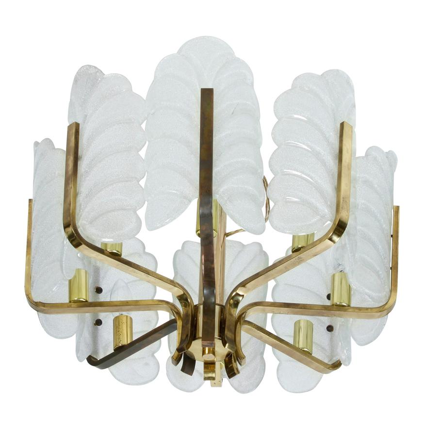 Brass and textured glass leaf chandelier by Carl Fagerlund for Orrefors.