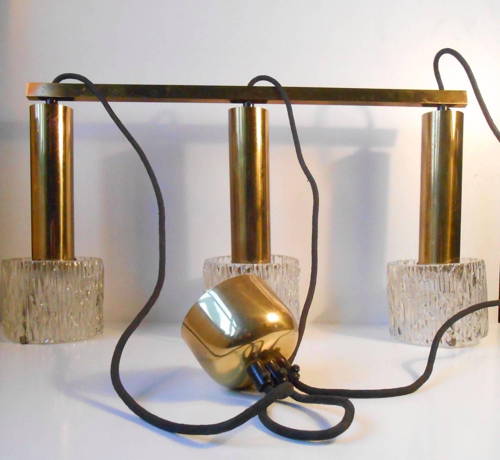 Mid-Century Modern Carl Fagerlund Brass & Crystal Triple Pendant Lamp, Orrefors, 1950s For Sale