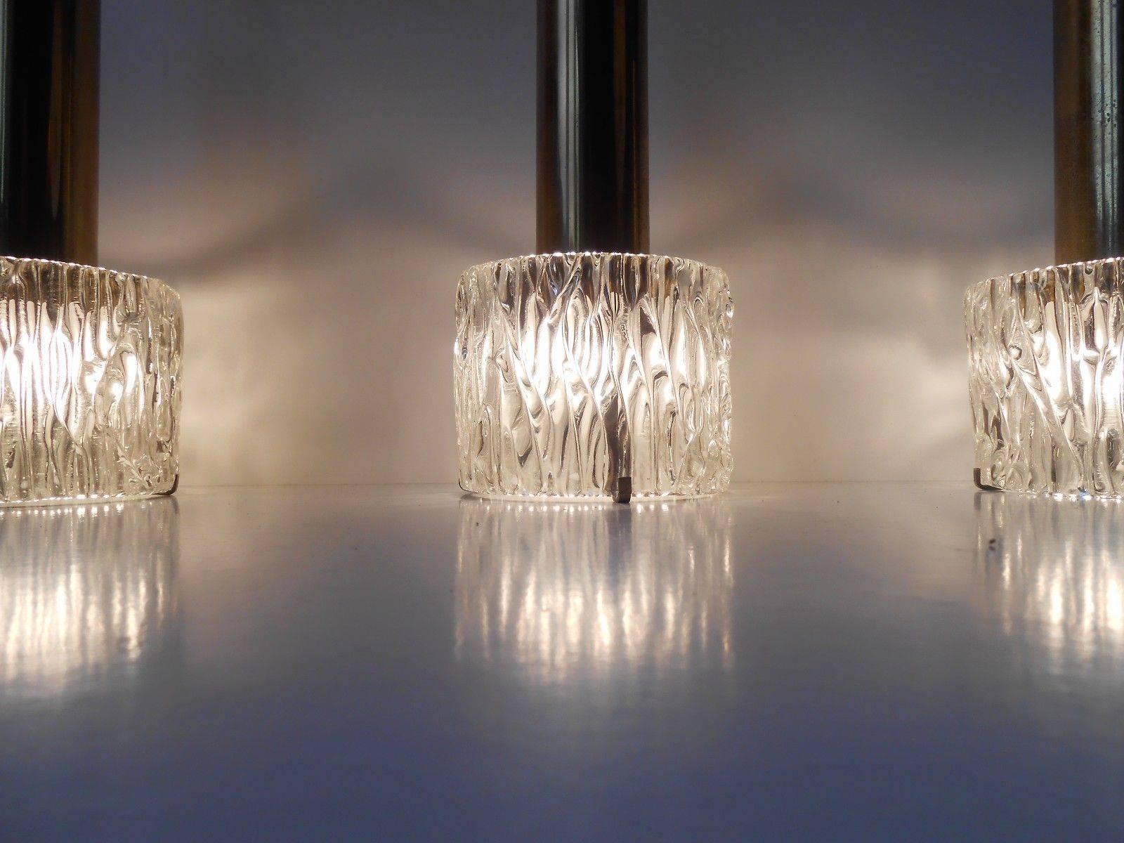 Molded Carl Fagerlund Brass & Crystal Triple Pendant Lamp, Orrefors, 1950s For Sale