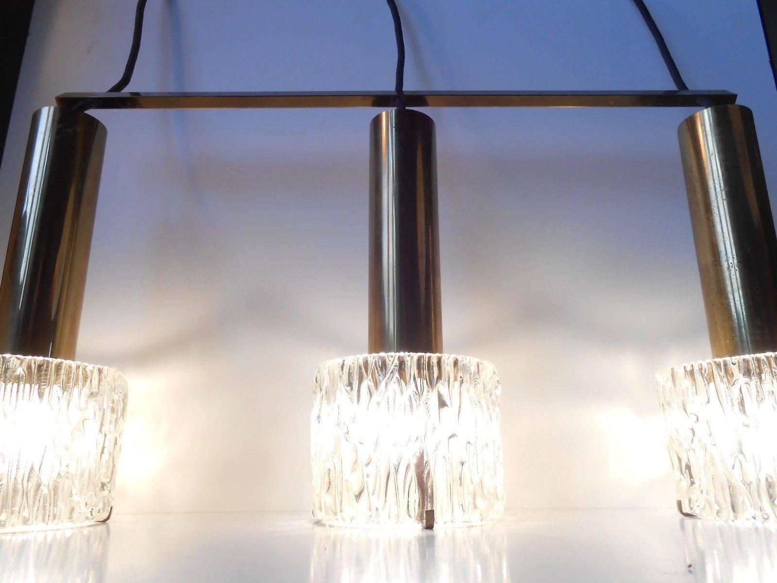 Mid-20th Century Carl Fagerlund Brass & Crystal Triple Pendant Lamp, Orrefors, 1950s For Sale