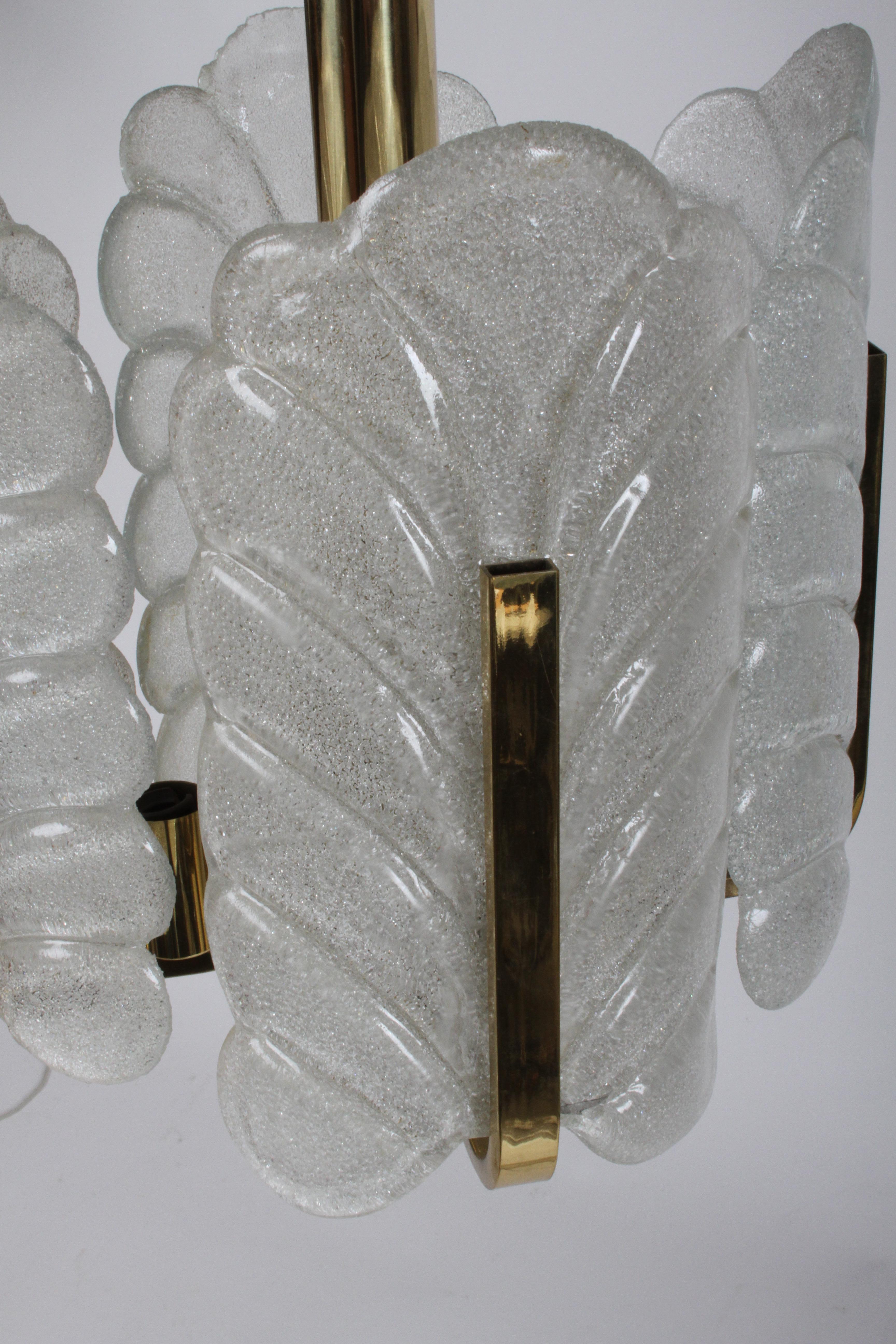 Brass Carl Fagerlund Chandelier for Orrefors Sweden Textured Acanthus Glass Leaves  For Sale