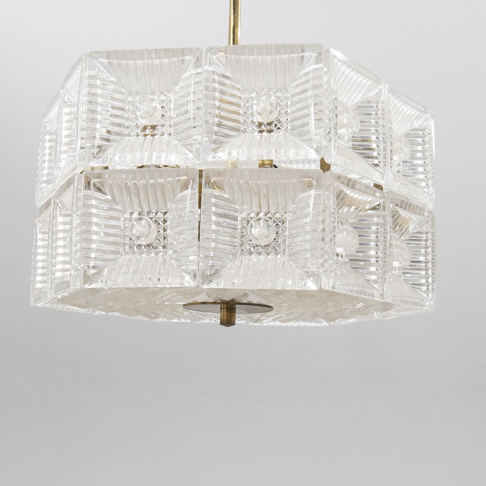 Mid-Century Modern Carl Fagerlund Crystal Glass and Brass Pendant Light for Orrefors, Sweden, 1960 For Sale