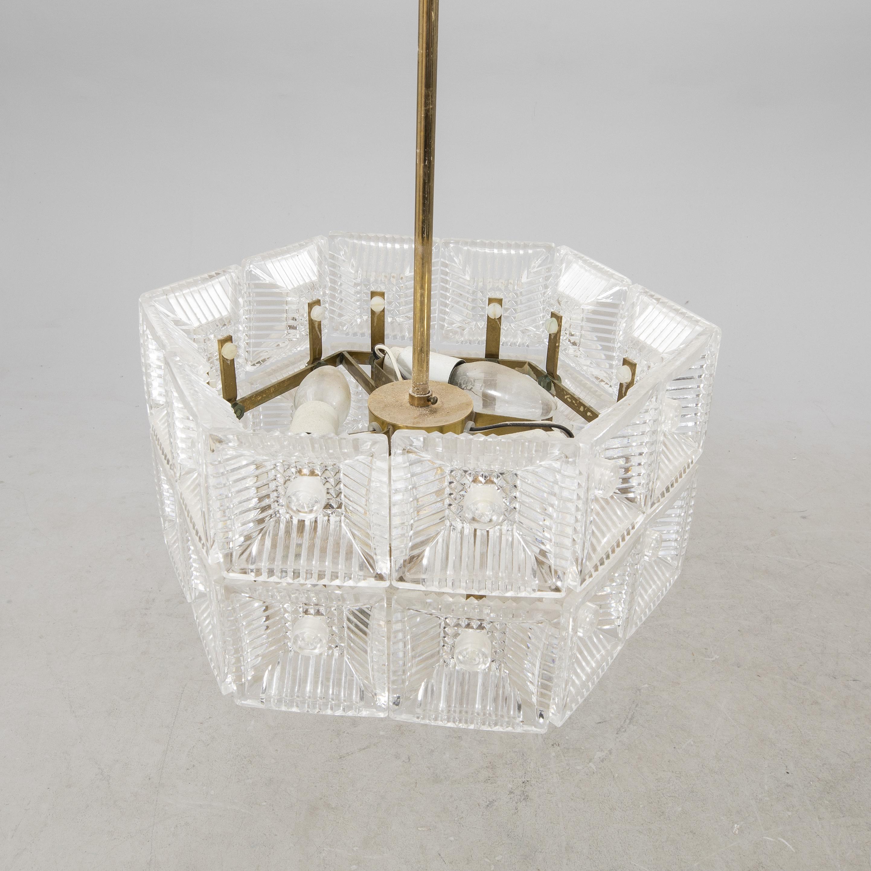 Swedish Carl Fagerlund Crystal Glass and Brass Pendant Light for Orrefors, Sweden, 1960 For Sale