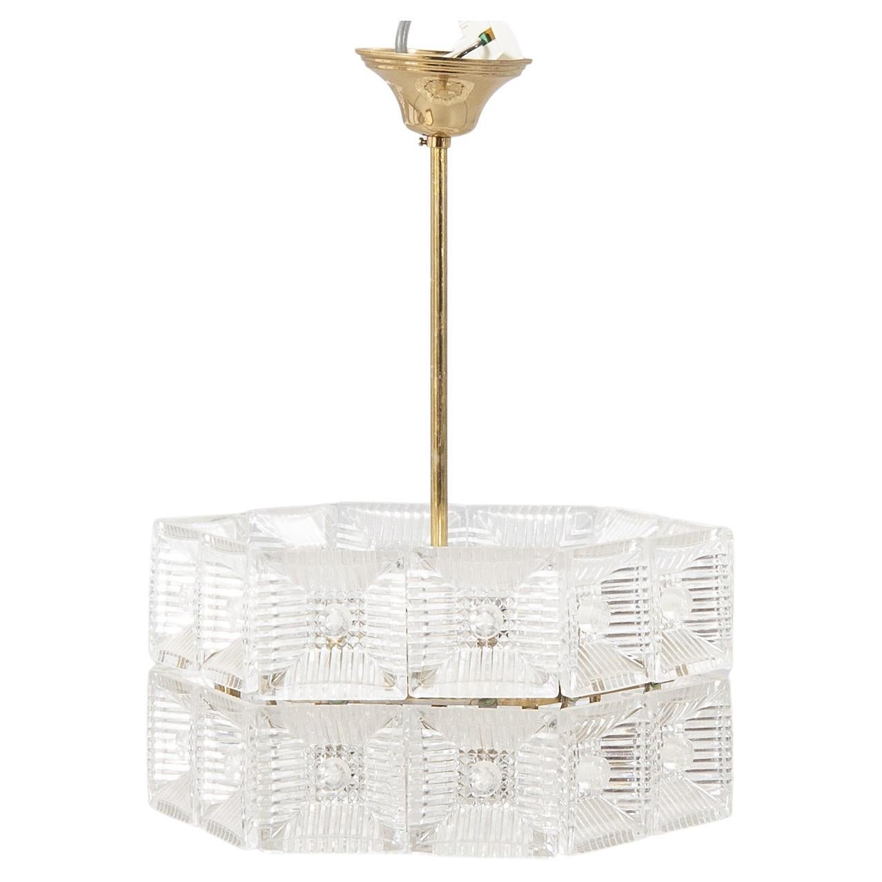 Carl Fagerlund Crystal Glass and Brass Pendant Light for Orrefors, Sweden, 1960 For Sale