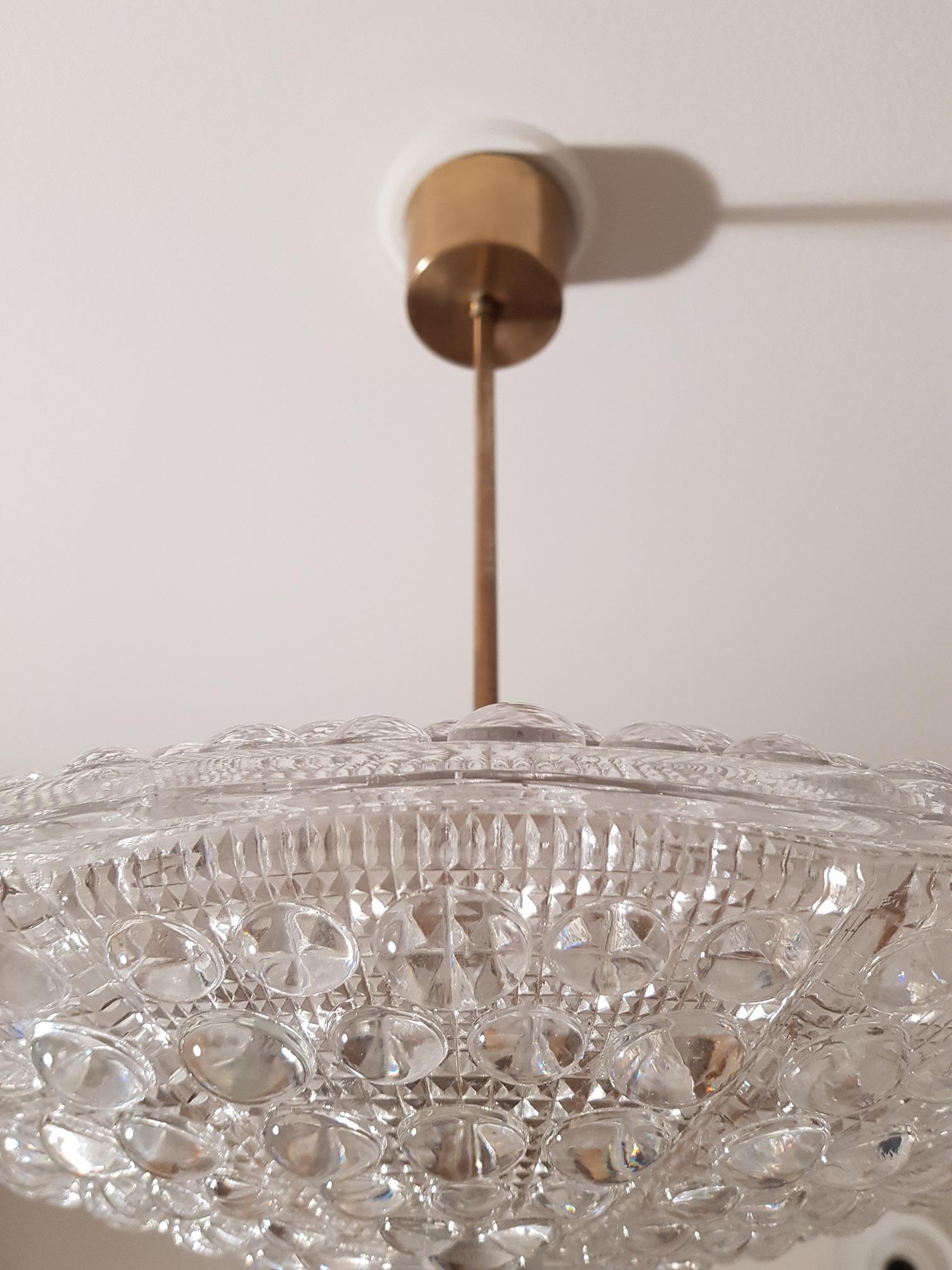 Carl Fagerlund Dual Disc Chandelier Brass and Glass 1960s, Orrefors Sweden For Sale 4