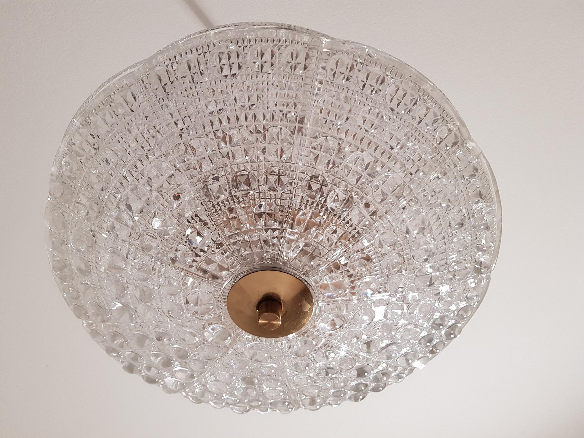 Swedish Carl Fagerlund Dual Disc Chandelier Brass and Glass 1960s, Orrefors Sweden For Sale