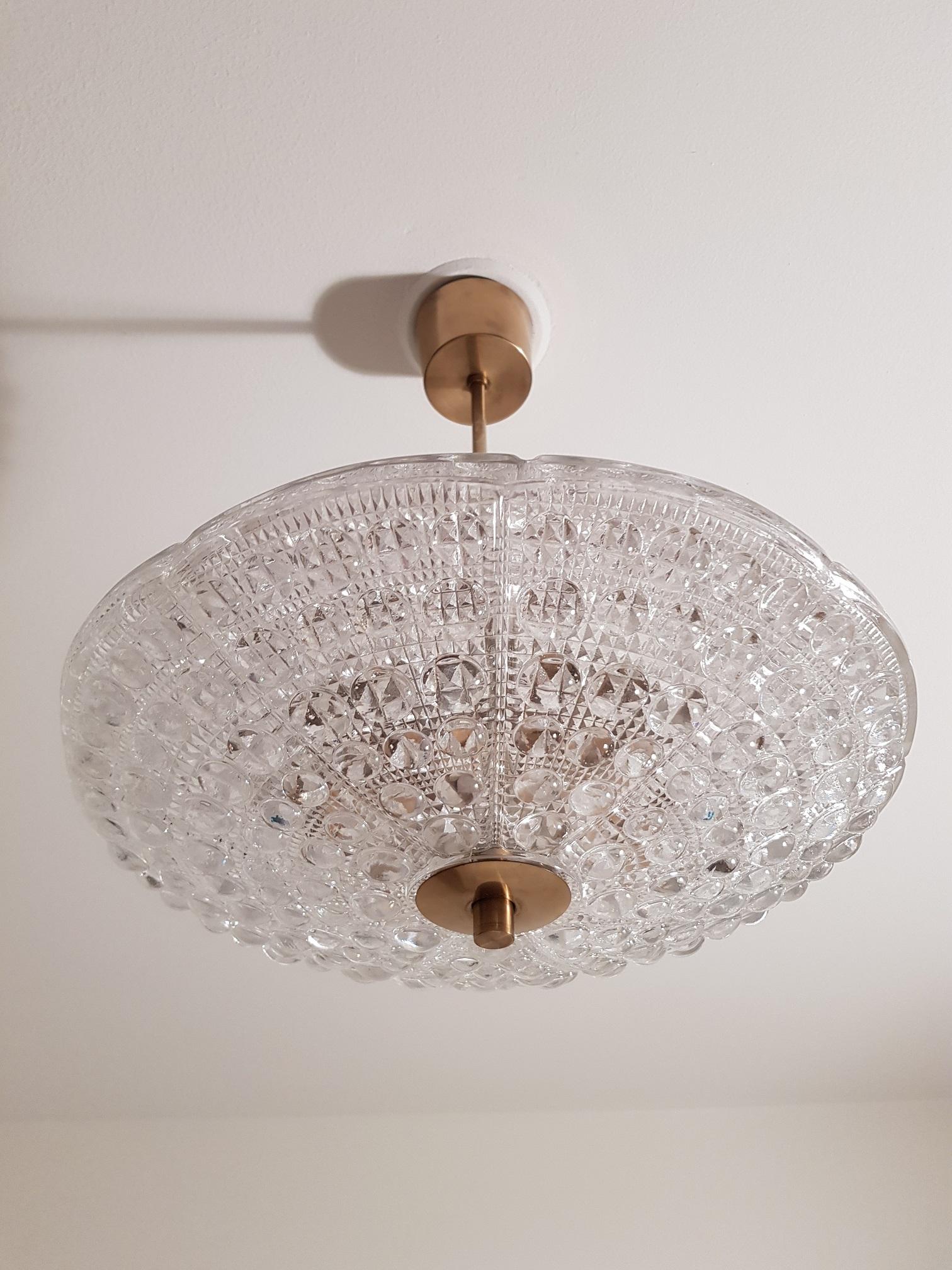 Carl Fagerlund Dual Disc Chandelier Brass and Glass 1960s, Orrefors Sweden In Good Condition For Sale In Limhamn, SE