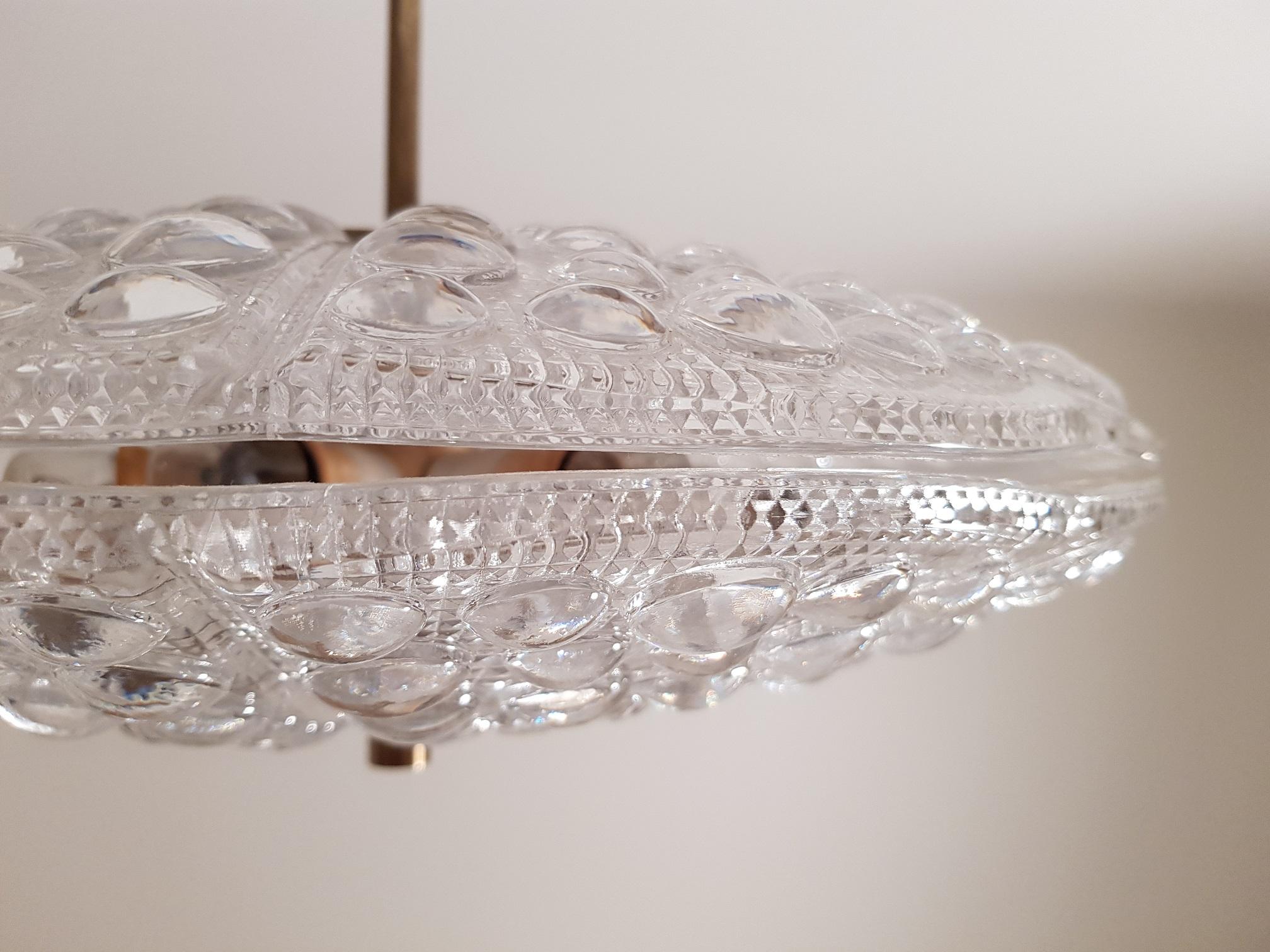 20th Century Carl Fagerlund Dual Disc Chandelier Brass and Glass 1960s, Orrefors Sweden For Sale