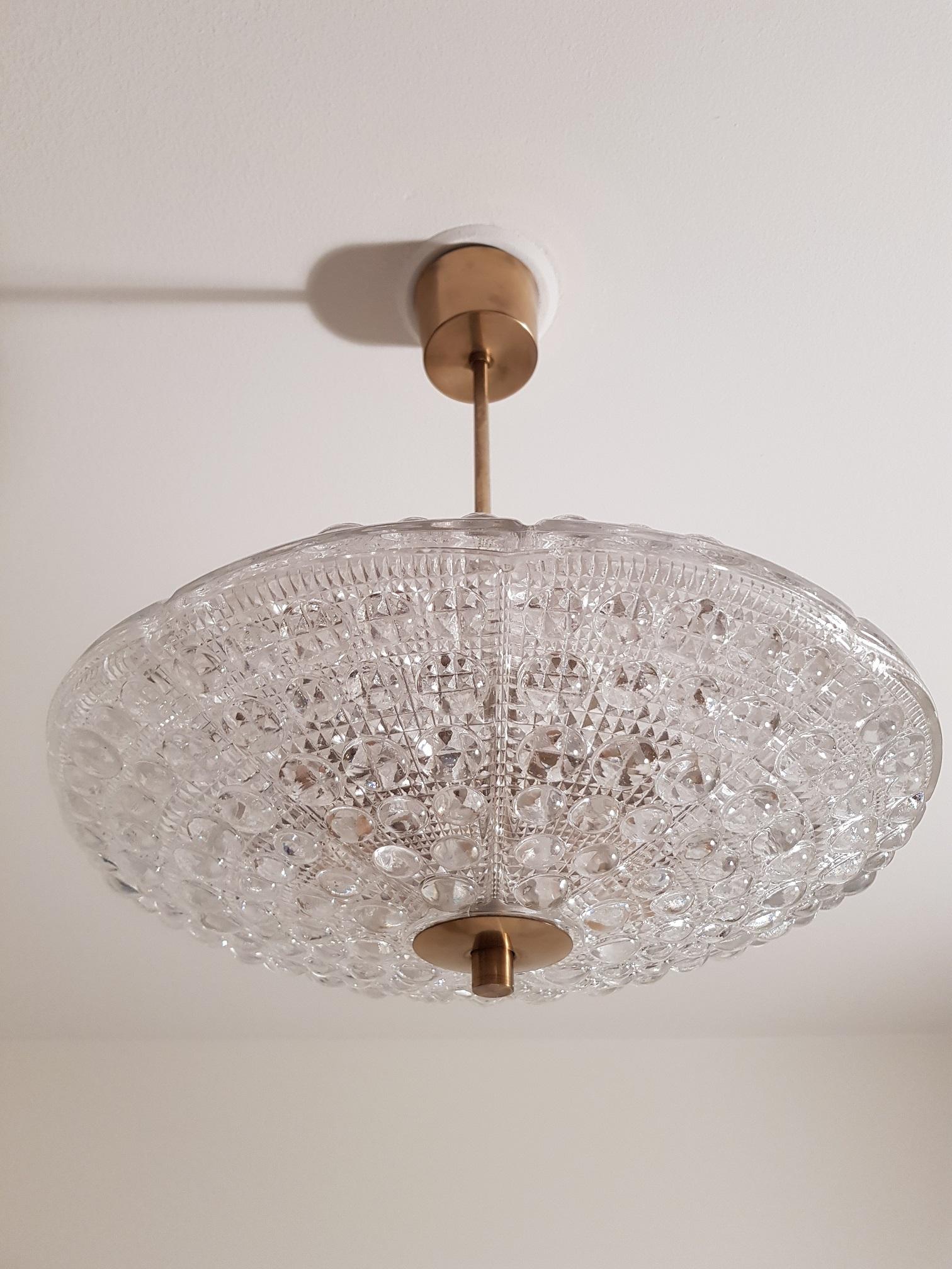 Carl Fagerlund Dual Disc Chandelier Brass and Glass 1960s, Orrefors Sweden For Sale 2