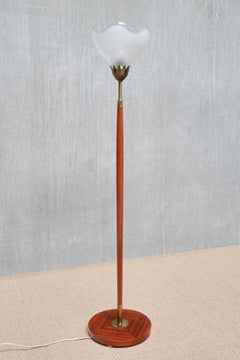 Carl Fagerlund Floor Lamp in Mahogany, Brass and Glass, Orrefors, Sweden, 1950s