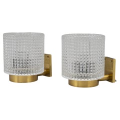 Carl Fagerlund for Orrefors Brass and Glass Pair of Sconces