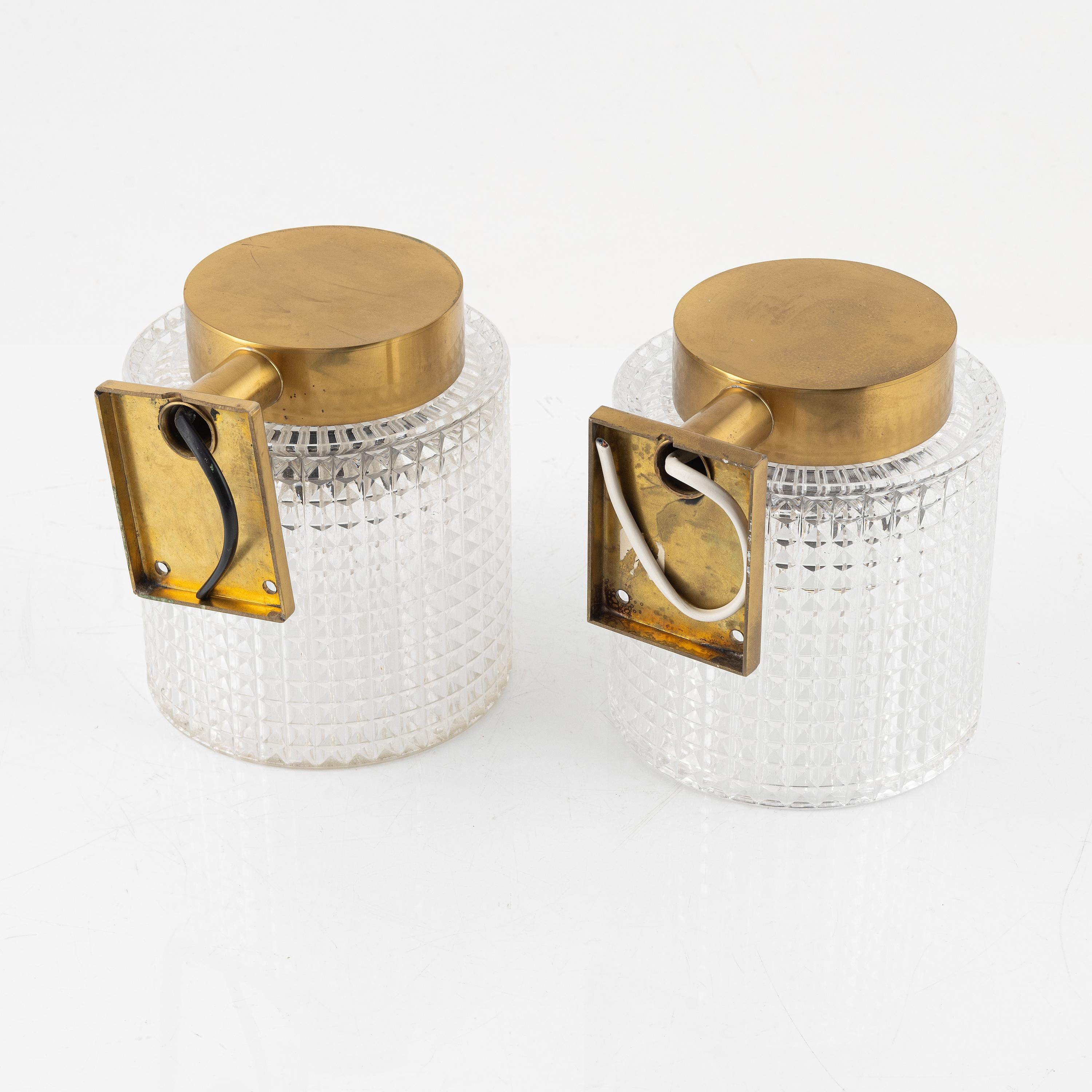 Mid-Century Modern Carl Fagerlund for Orrefors Brass and Glass Pair of Sconces Sweden 1960 For Sale