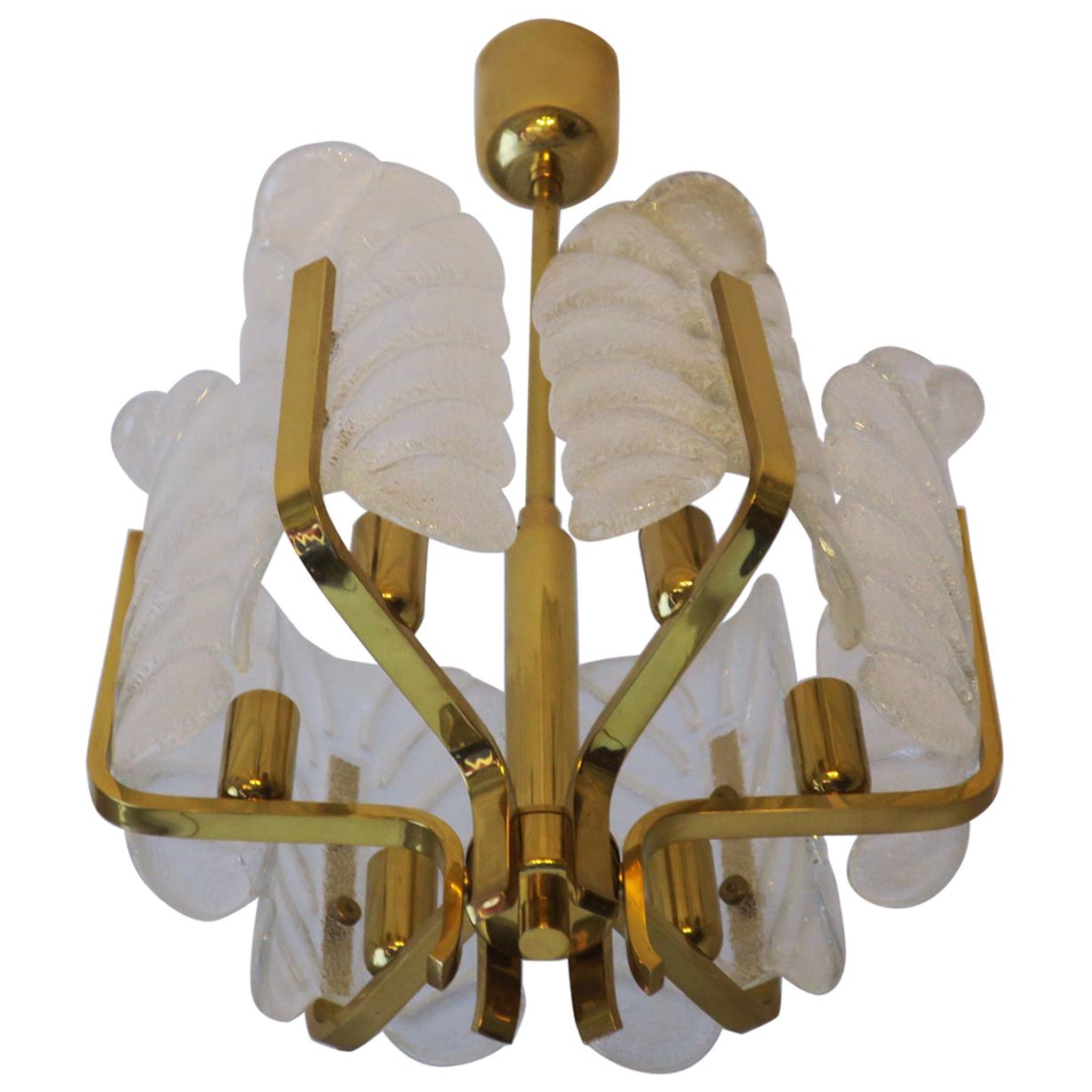 Carl Fagerlund for Orrefors Brass Chandelier with Glass Acanthus Leaves For Sale