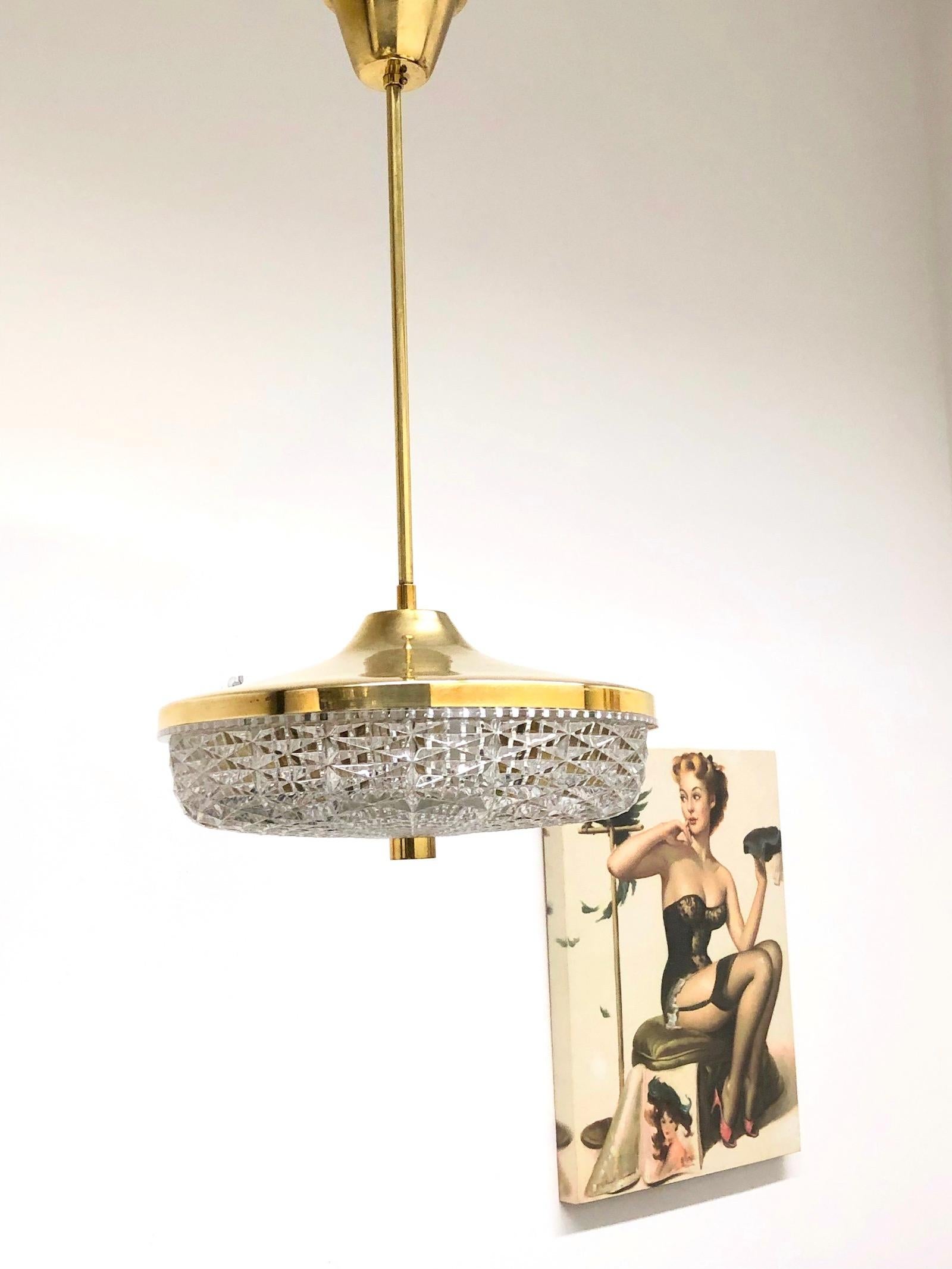 Mid-Century Modern Carl Fagerlund for Orrefors Brass & Glass Chandelier Pendant Lamp, Sweden, 1960s