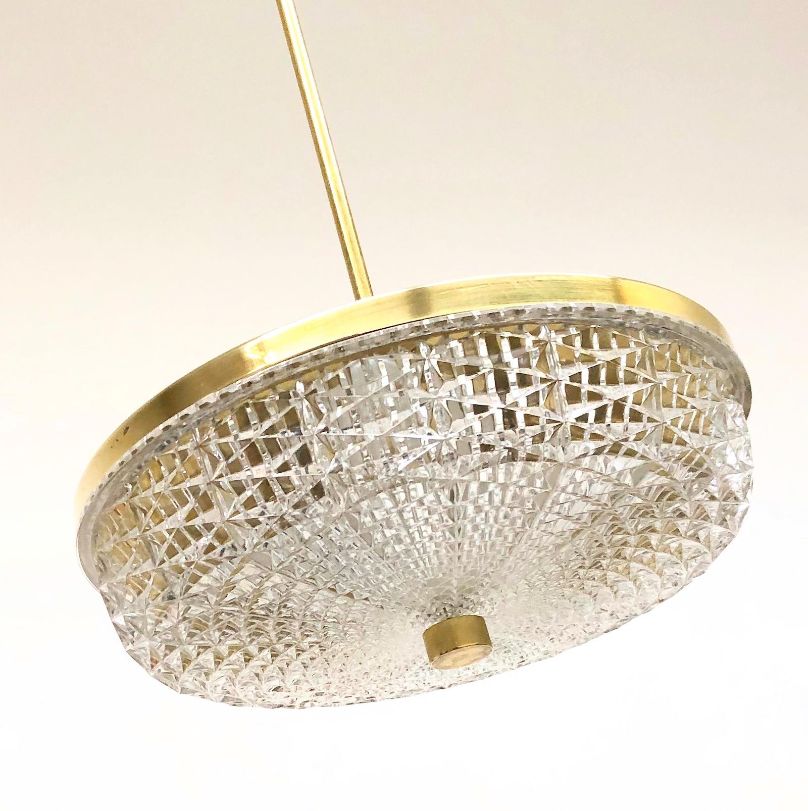 Swedish Carl Fagerlund for Orrefors Brass & Glass Chandelier Pendant Lamp, Sweden, 1960s