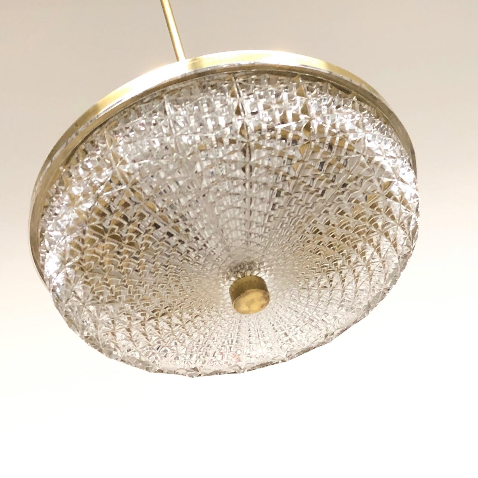 Carl Fagerlund for Orrefors Brass & Glass Chandelier Pendant Lamp, Sweden, 1960s In Good Condition In Nuernberg, DE