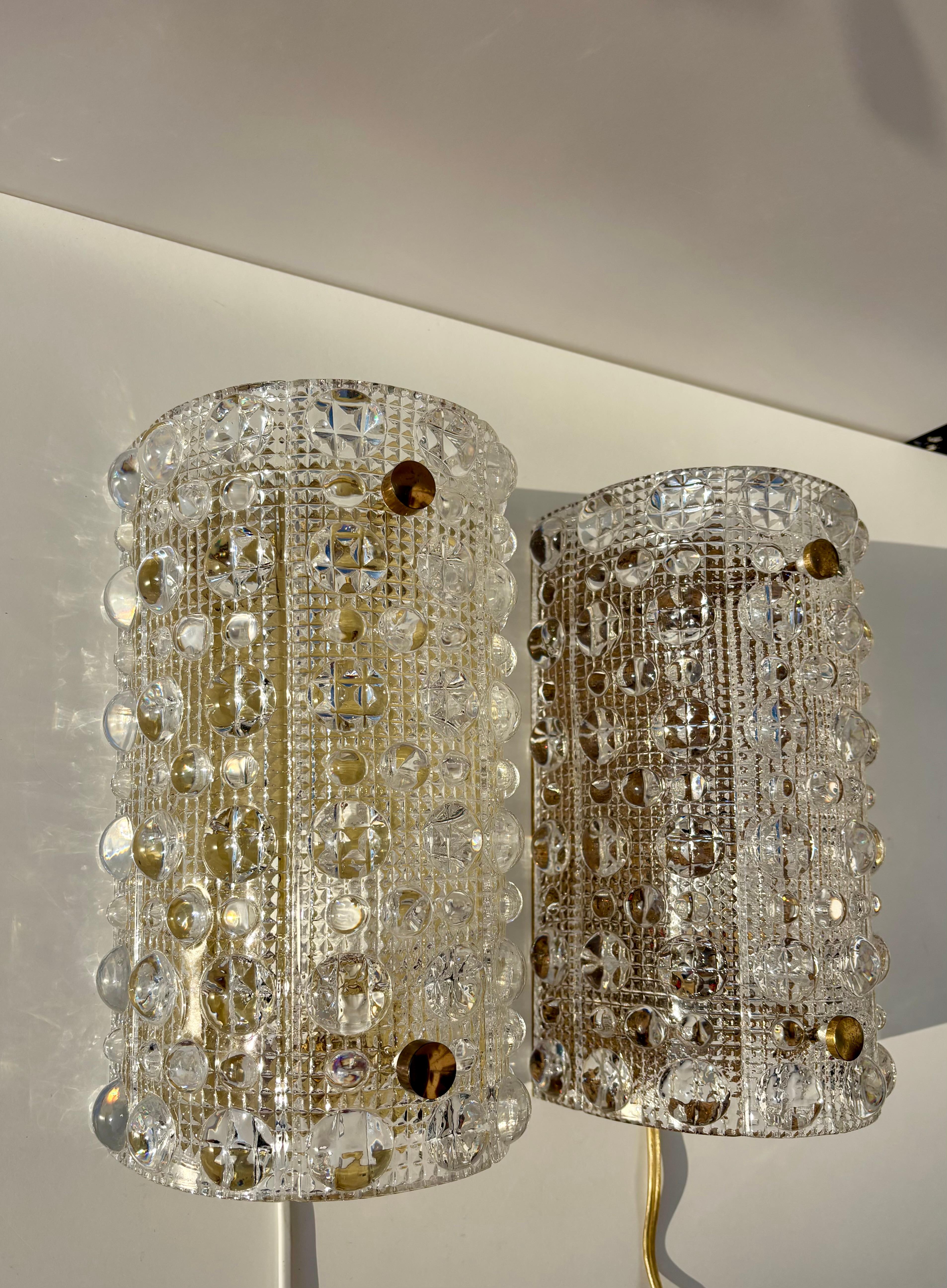 Hand-Crafted Two Carl Fagerlund for Orrefors Bubble Texture Crystal Sconce, 1950s For Sale