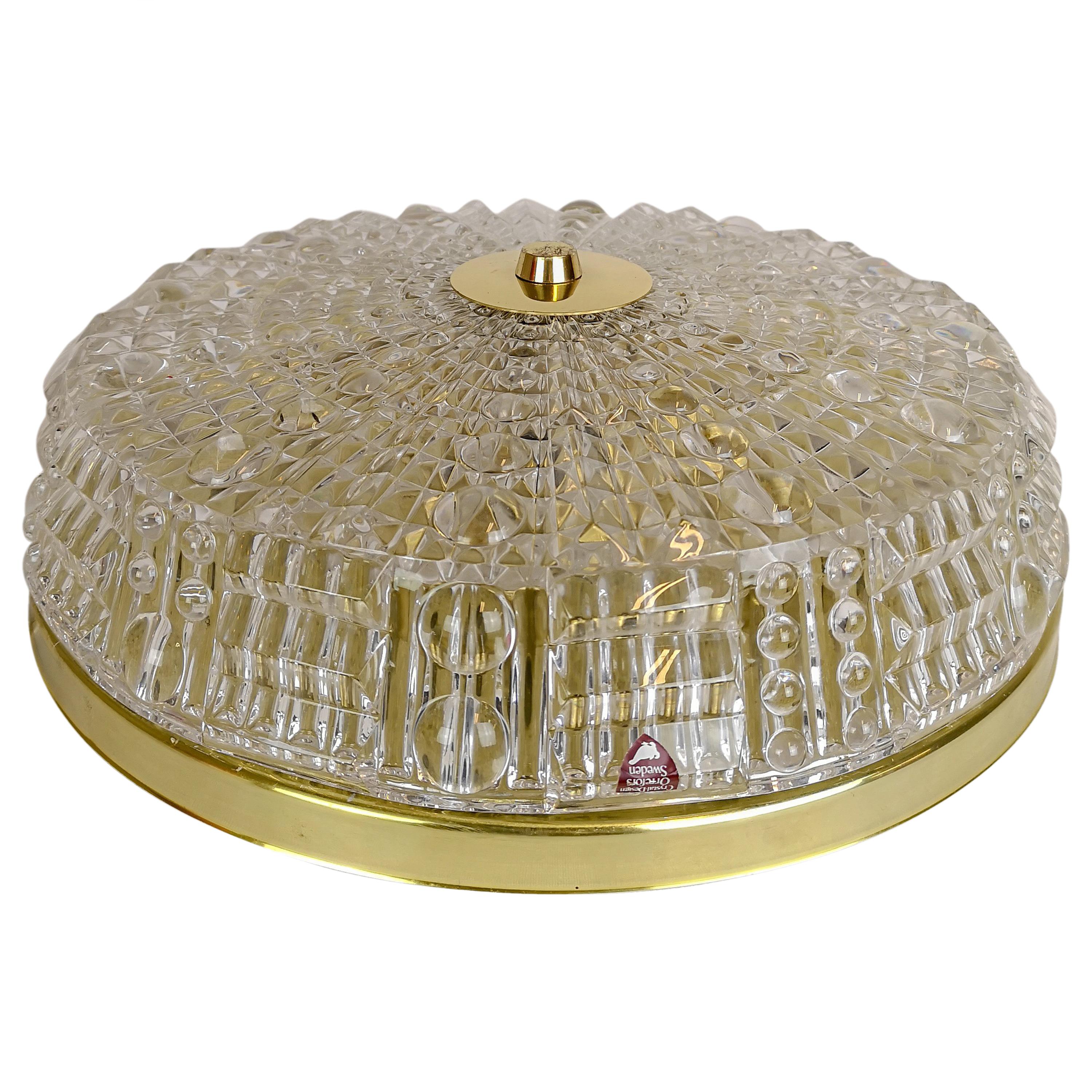 Carl Fagerlund for Orrefors Crystal Brass Ceiling Lamp, 1970s, Sweden