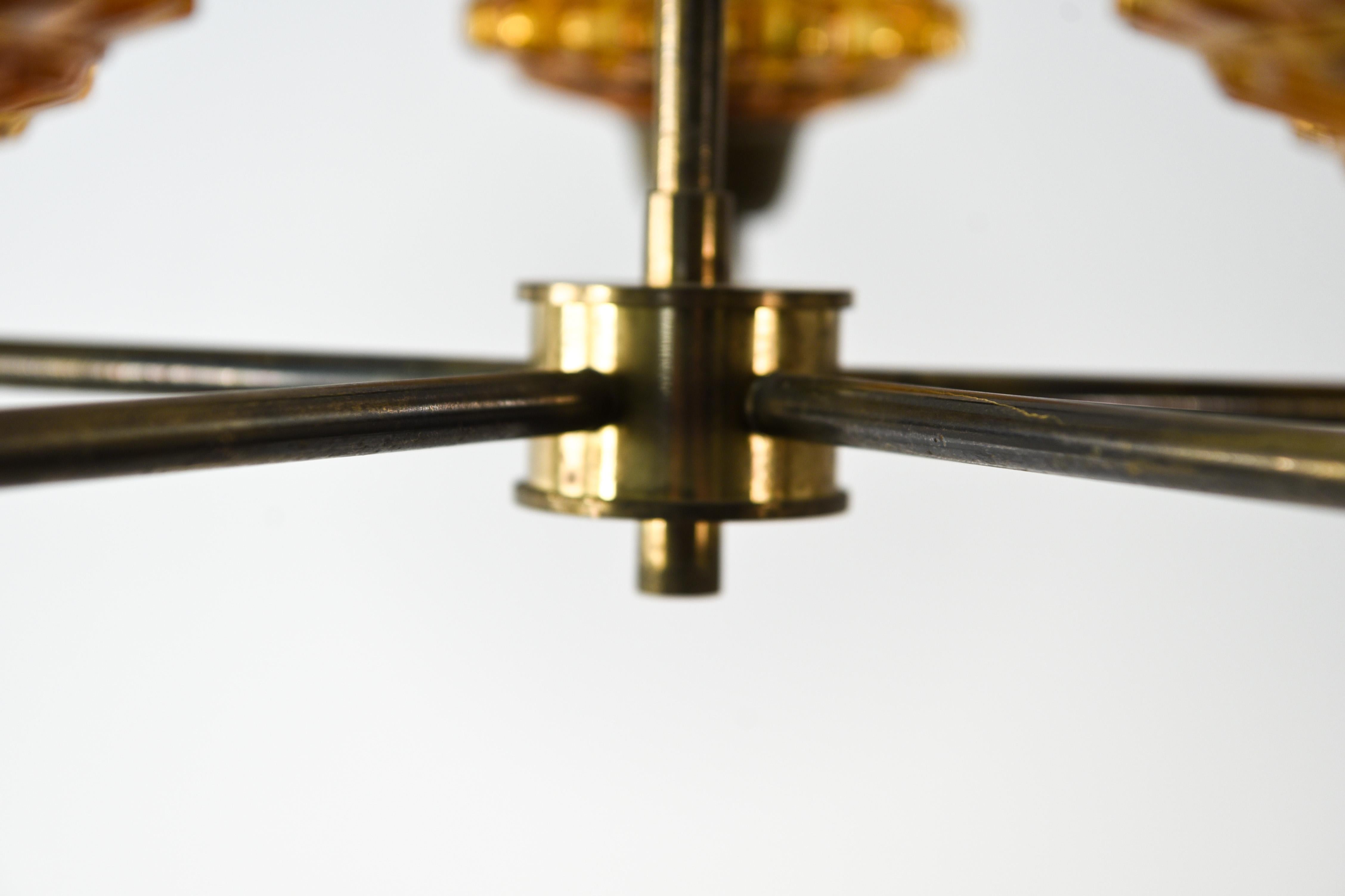 Brass Carl Fagerlund for Orrefors Five-Arm Chandelier